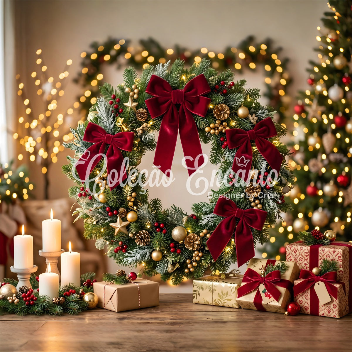 Christmas Backdrop For Photography Velvet Bow Wreath Candle Christmas Backdrop CEM65-110
