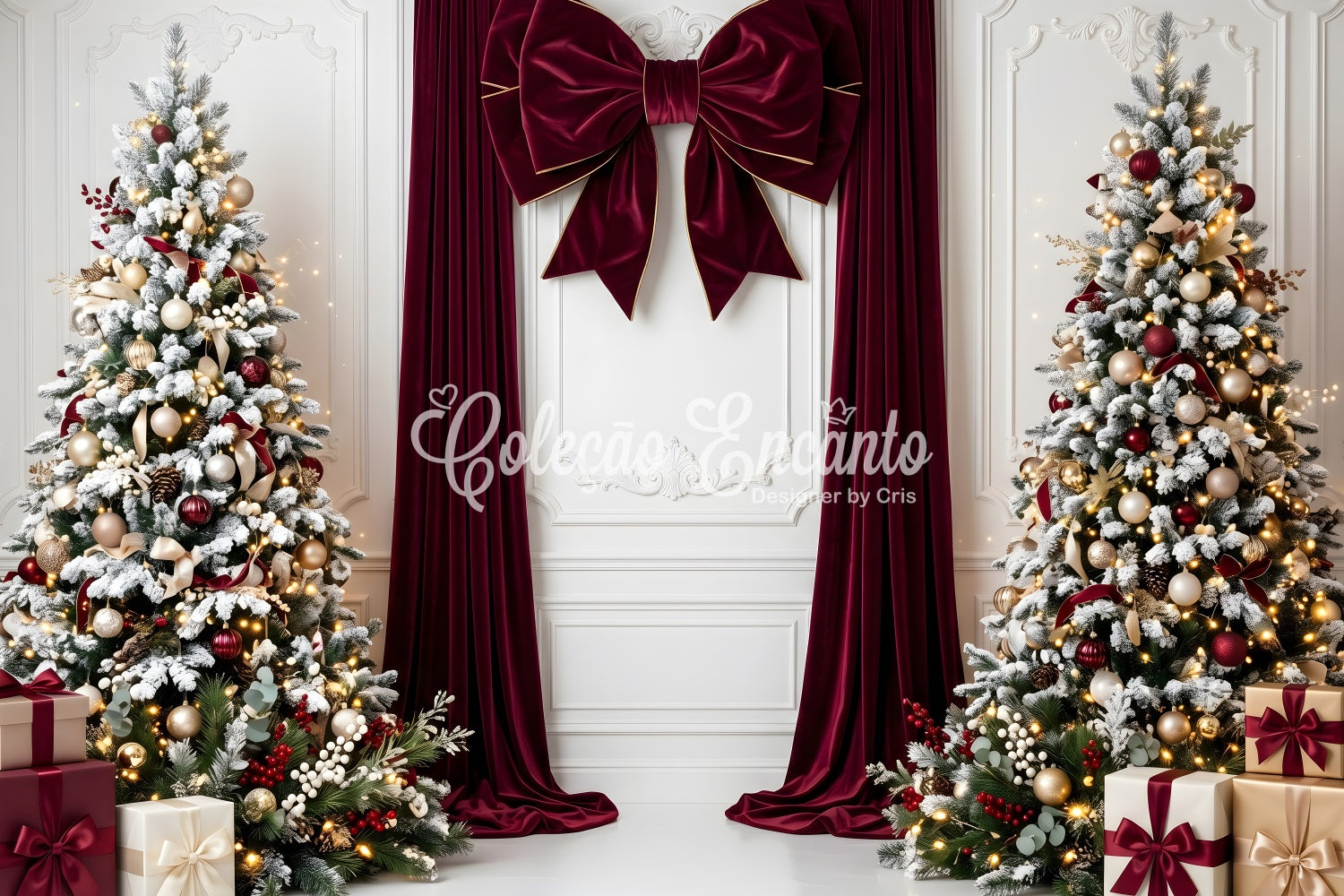 Backdrops For Christmas Burgundy Velvet Bow Snowy Trees Christmas Photobooth Backdrop CEM65-112