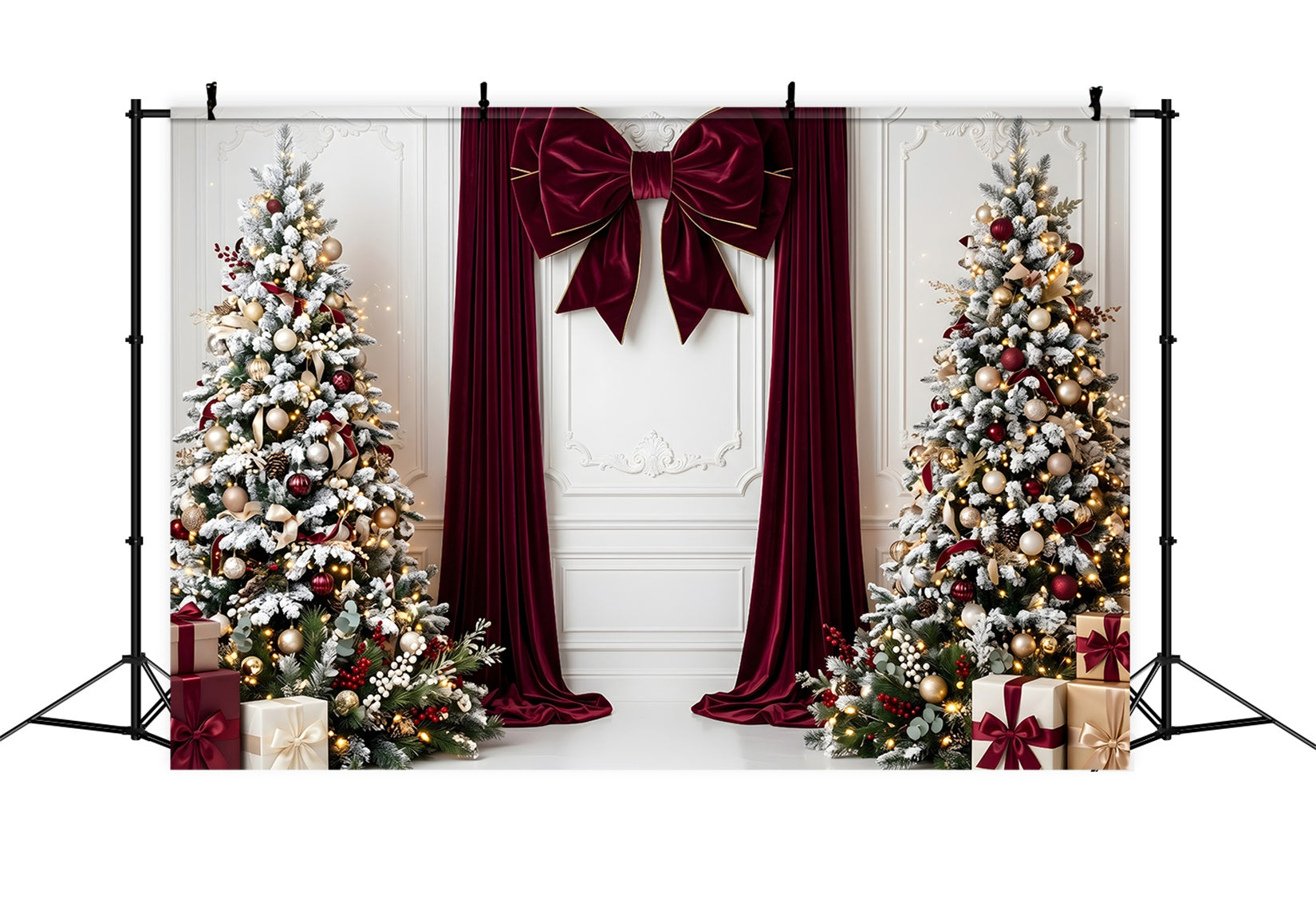 Backdrops For Christmas Burgundy Velvet Bow Snowy Trees Christmas Photobooth Backdrop CEM65-112