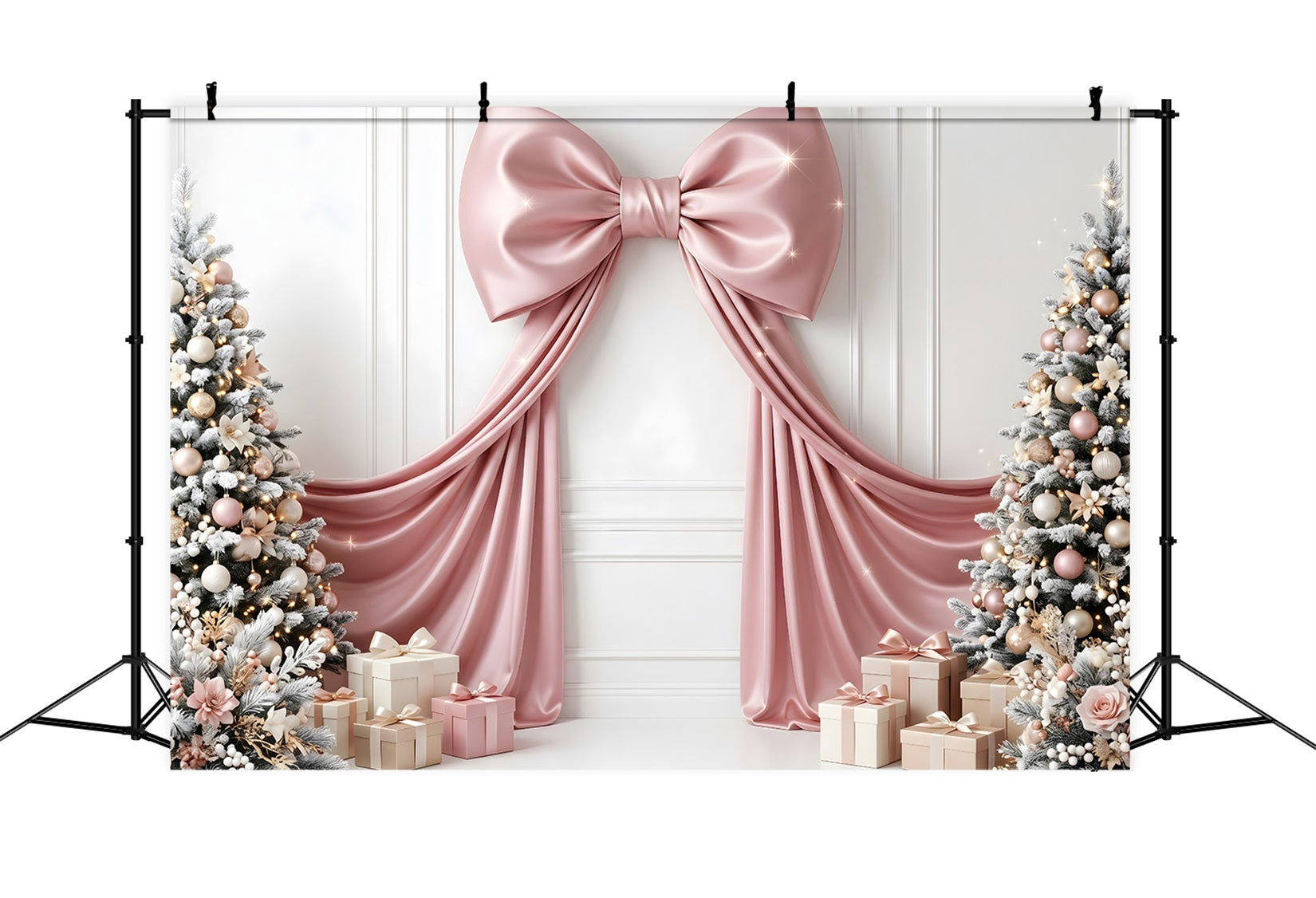 Christmas Backdrop For Wall Pink Satin Bow Gift Trees Backdrop Christmas Photo Booth CEM65-114