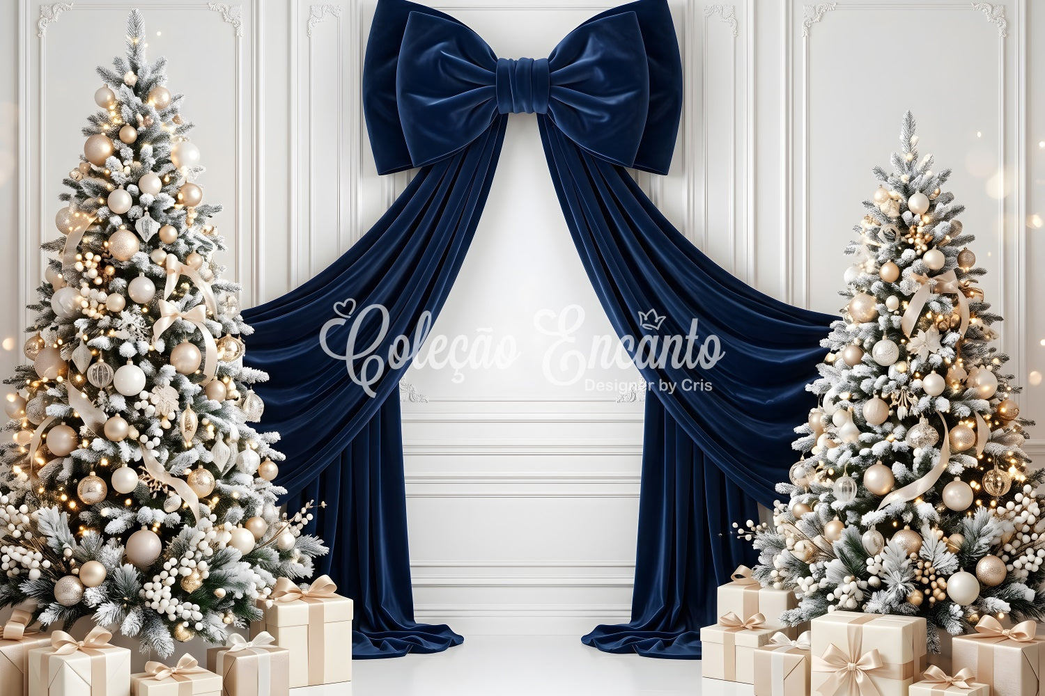 Christmas Themed Backdrops Navy Velvet Bow Frosted Trees Christmas Studio Backdrop CEM65-115
