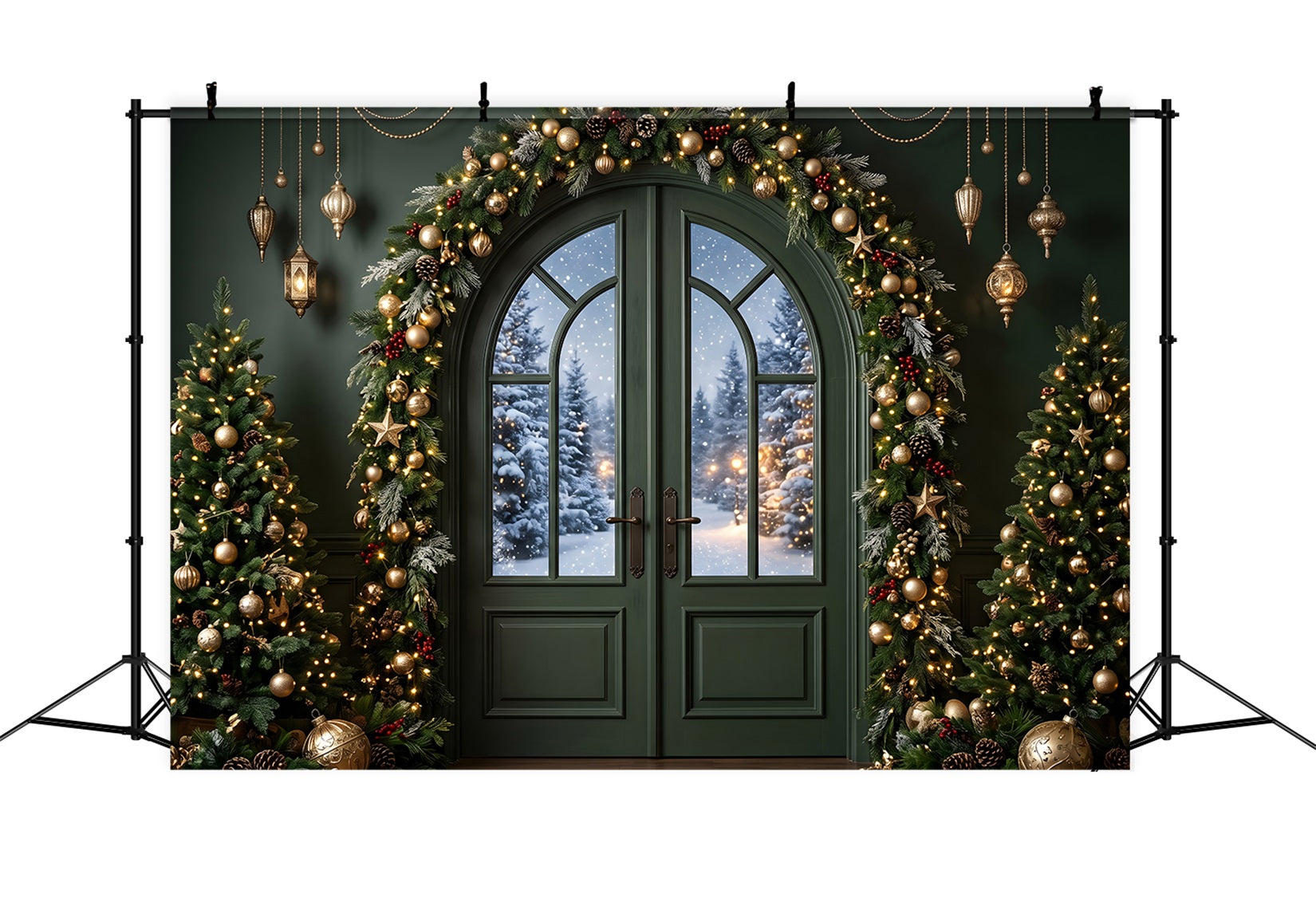 Green Christmas Backdrop Emerald Door Golden Garland Trees Best Christmas Photo Backdrops CEM65-117