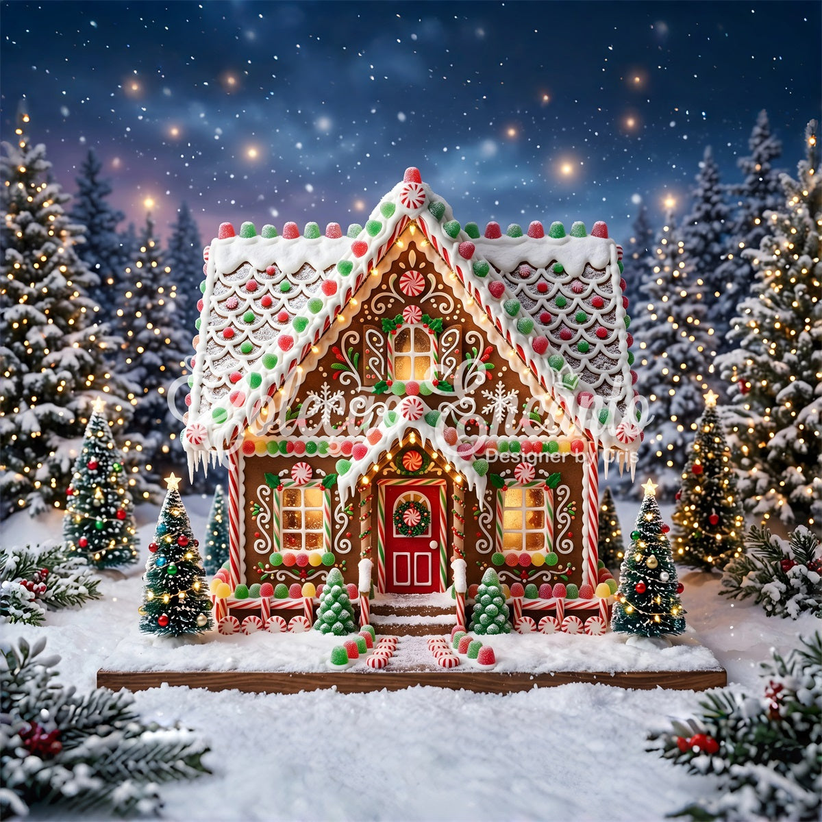Backdrop For Christmas Gingerbread Cottage Candy Snow Forest Christmas Photo Booth Backdrops CEM65-119