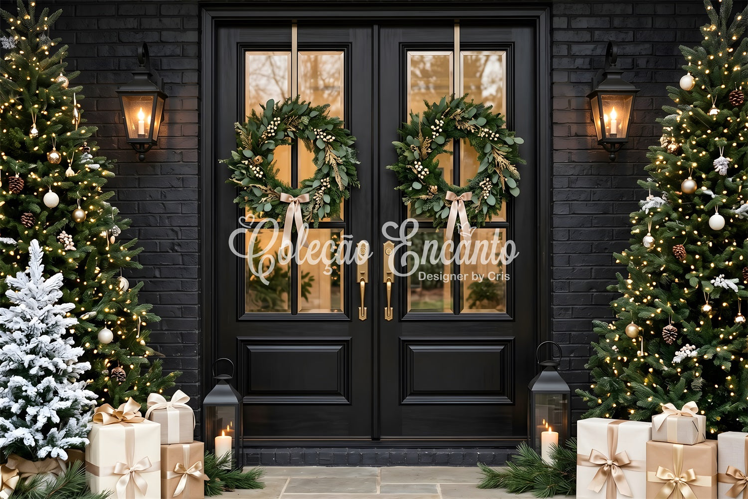 Black Christmas Backdrop Black Door Twin Wreath Porch Christmas Backdrop CEM65-120