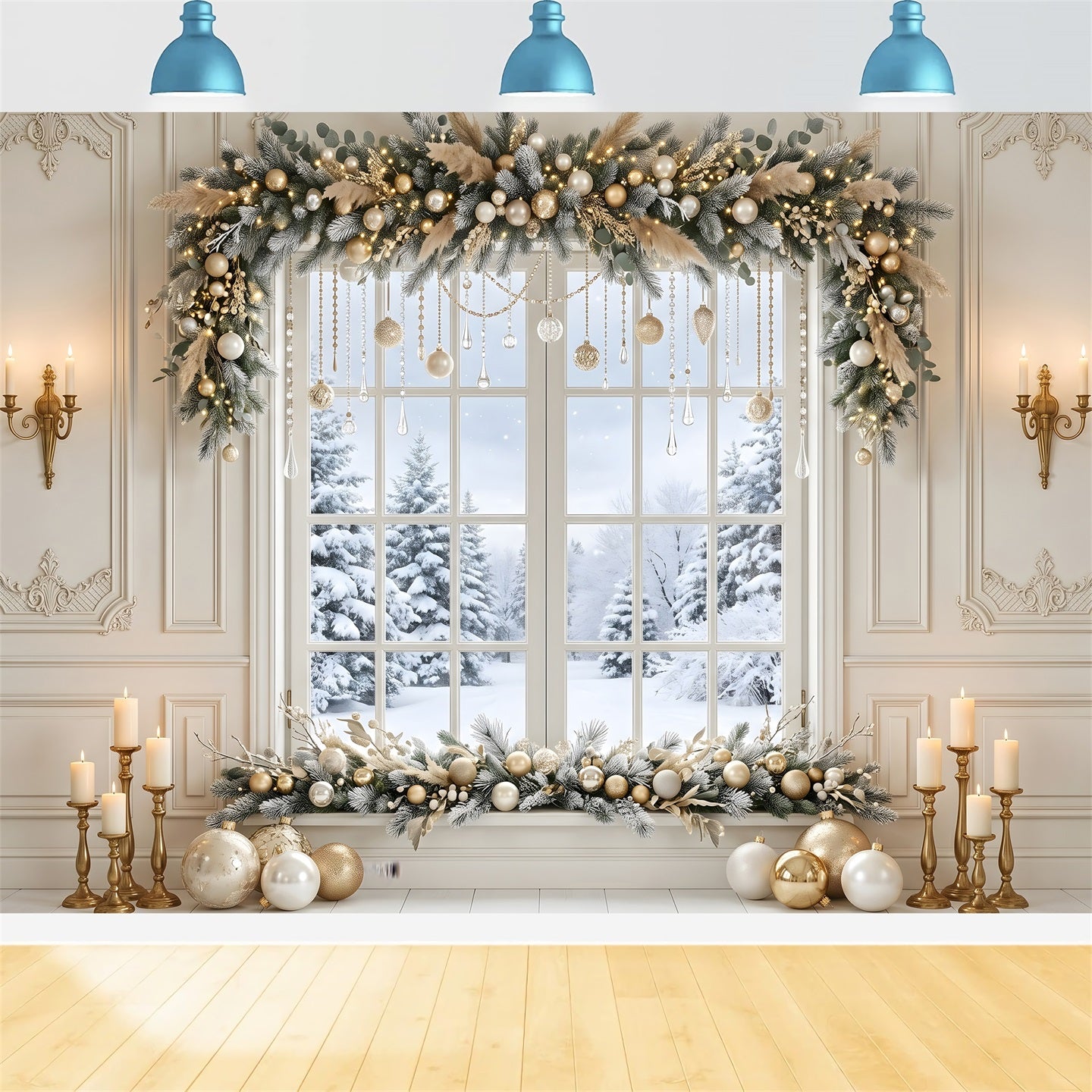 Large Christmas Backdrop Golden Crystal Winter Window Garland Christmas Backdrops CEM65-121