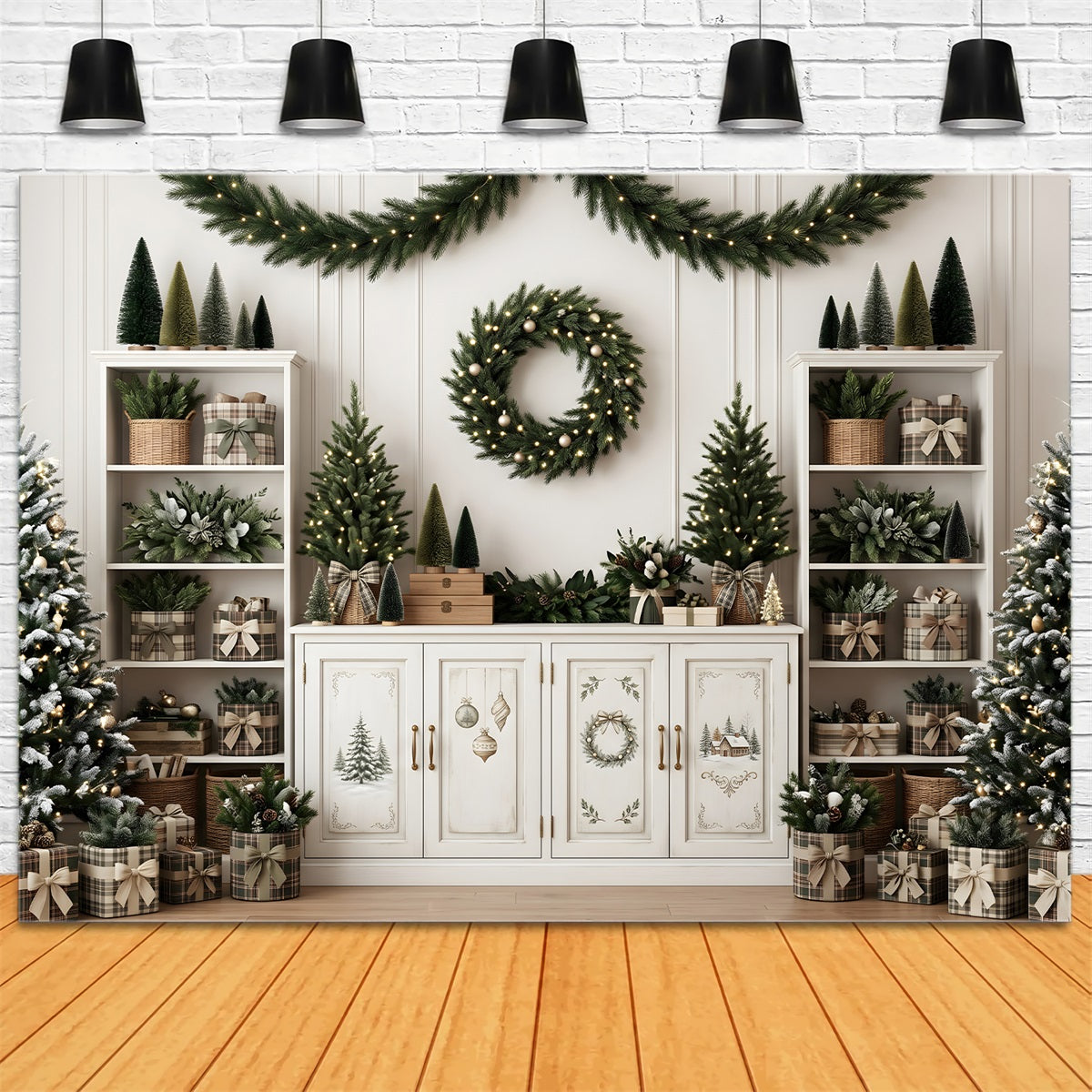 Christmas Backdrop For Pictures Neutral Shelf Wreath Mini Trees Christmas Backdrop Ideas CEM65-124