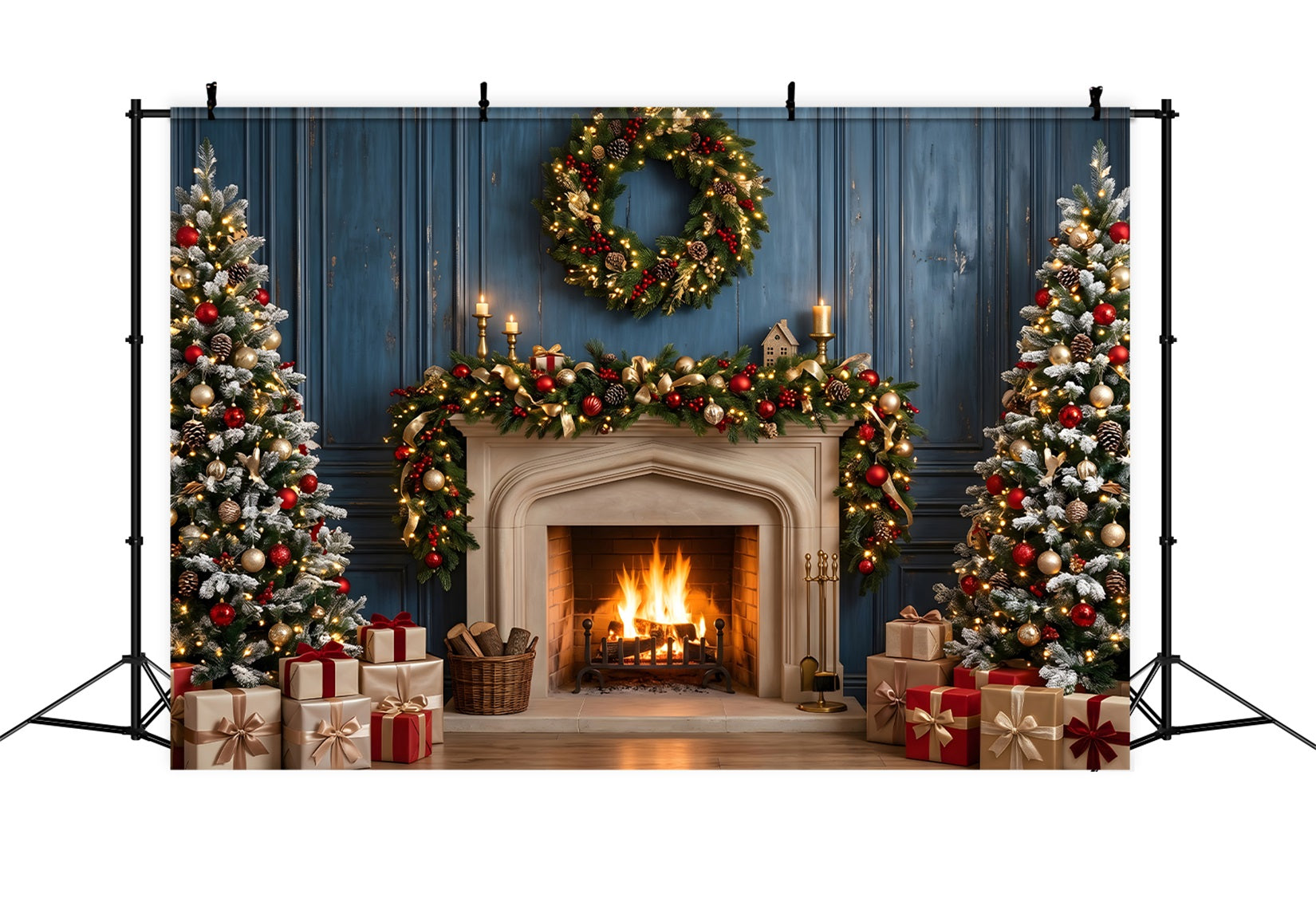 Blue Christmas Backdrop Blue Fireplace Wreath Christmas Trees Christmas Photo Backdrops CEM65-125