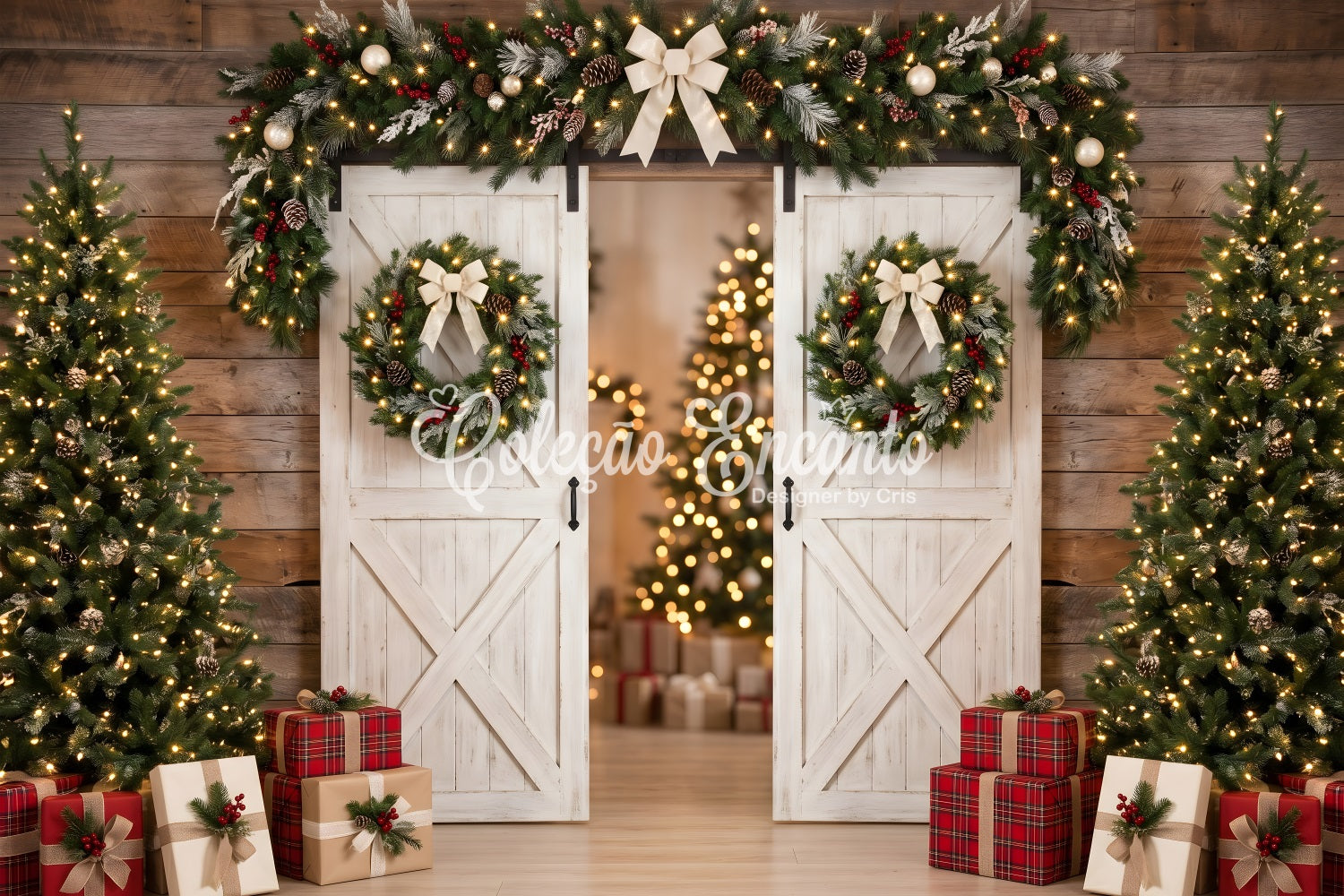 Christmas Backdrop Photo White Barn Door Wreath Trees Professional Christmas Backdrops CEM65-129