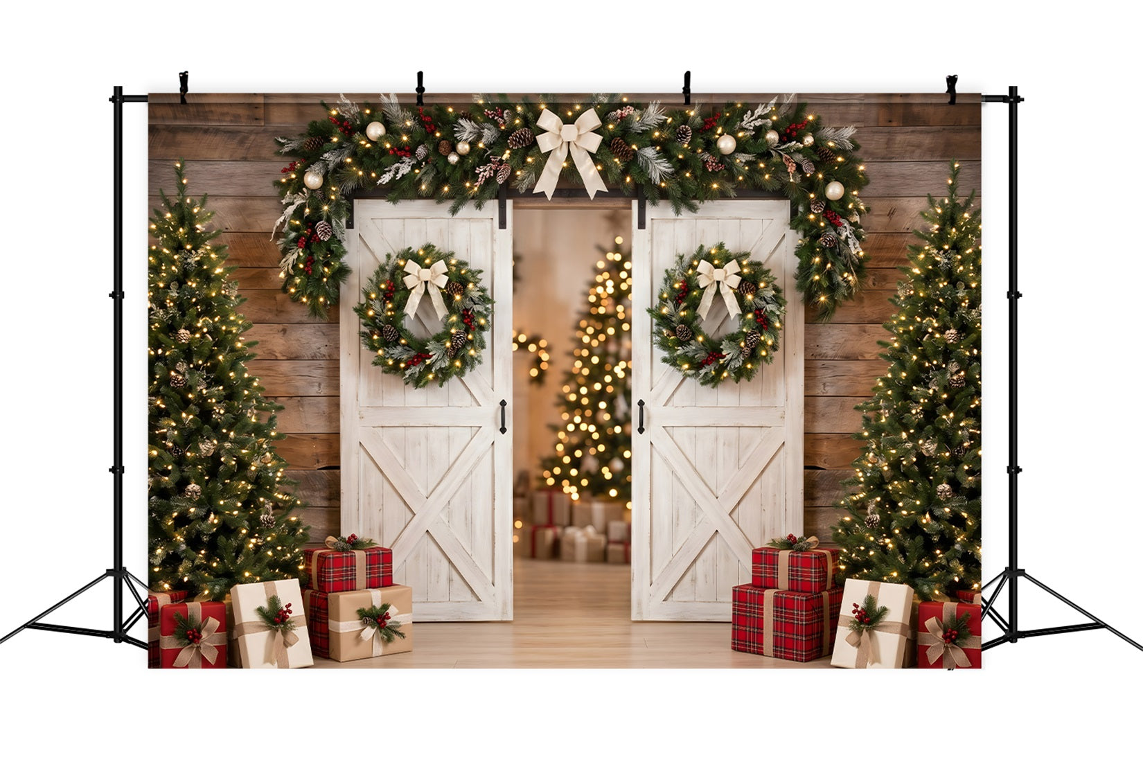 Christmas Backdrop Photo White Barn Door Wreath Trees Professional Christmas Backdrops CEM65-129