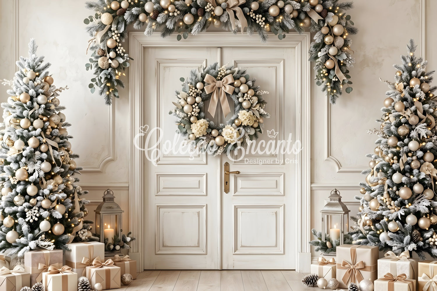 Beautiful Christmas Backdrops Ivory Gold Door Wreath Trees Christmas Photography Backdrops CEM65-130
