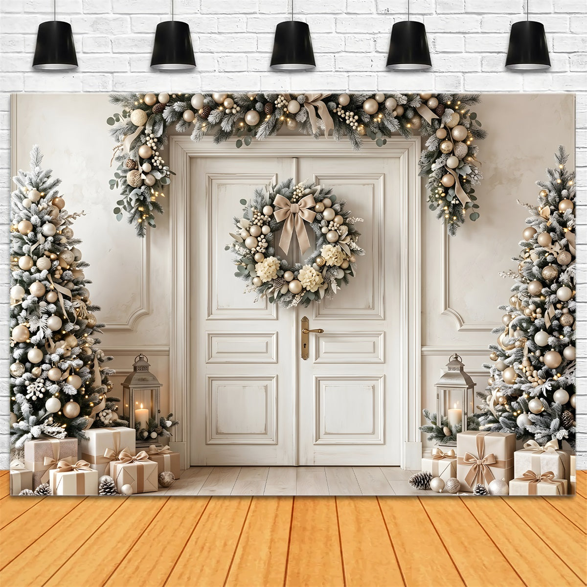 Beautiful Christmas Backdrops Ivory Gold Door Wreath Trees Christmas Photography Backdrops CEM65-130