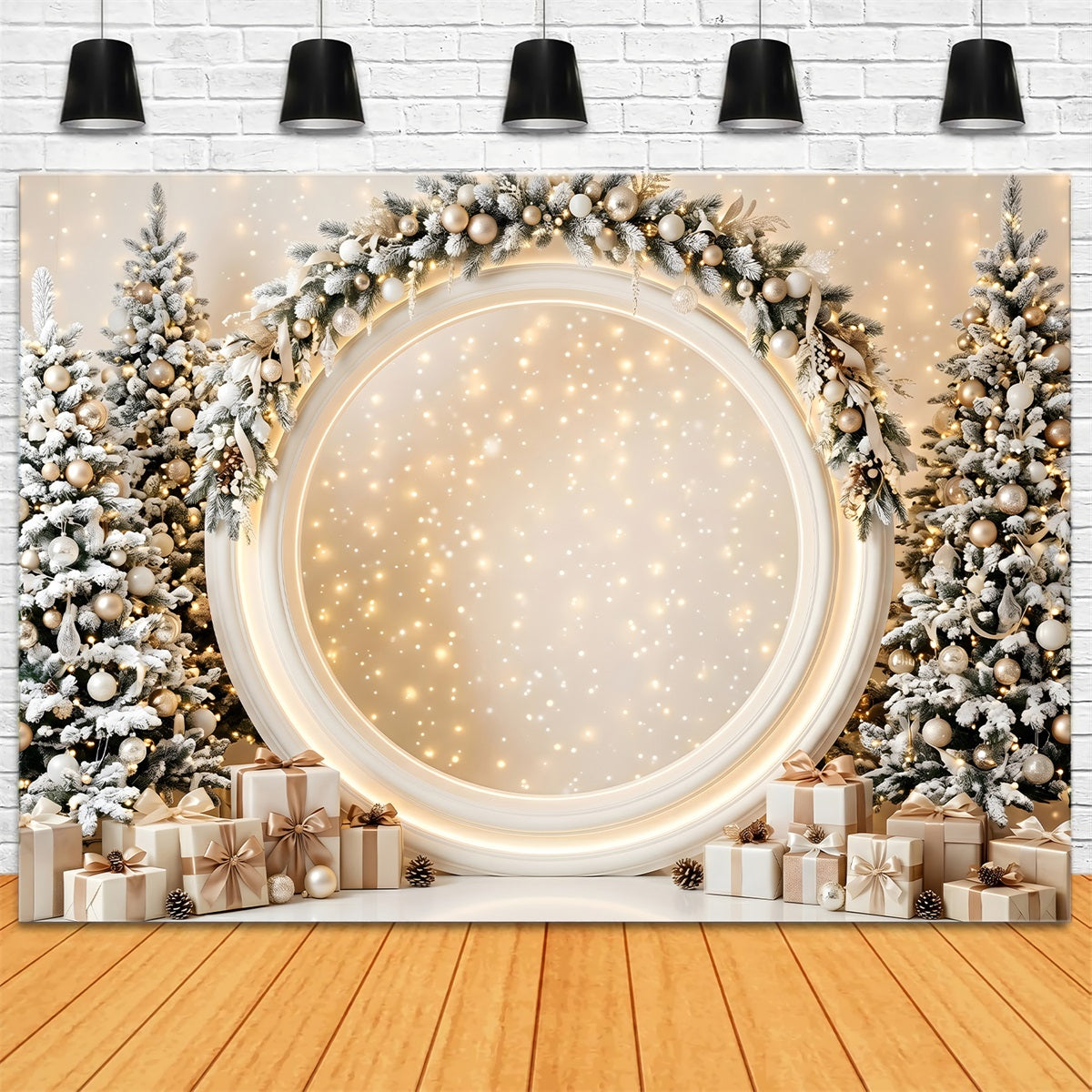 Christmas Stage Backdrops Glowing Ivory Round Arch Gifts Christmas Backdrop Photography CEM65-131