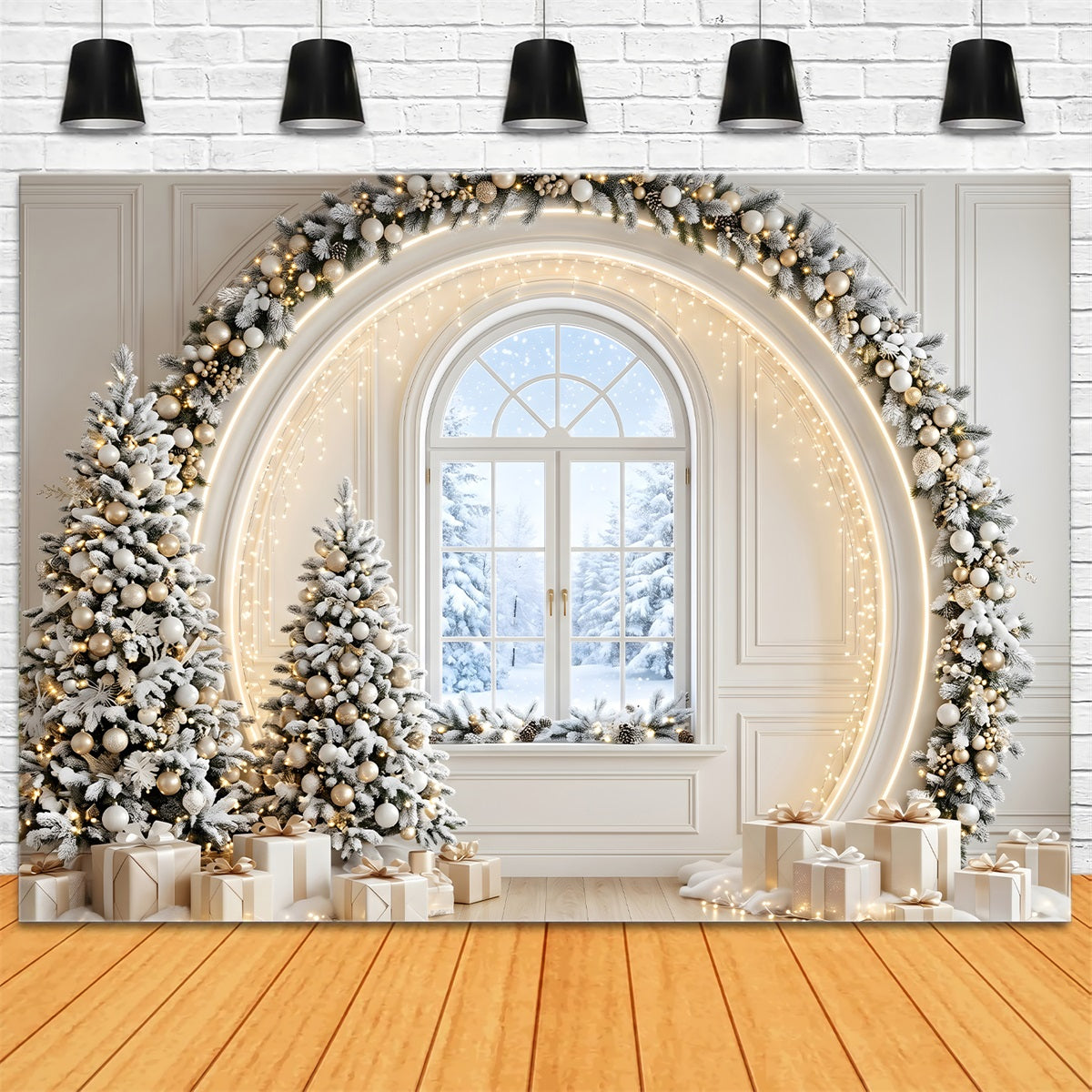Christmas Tree Backdrops Ivory Gold Window Arch Trees Christmas Photo Backdrop Ideas CEM65-133