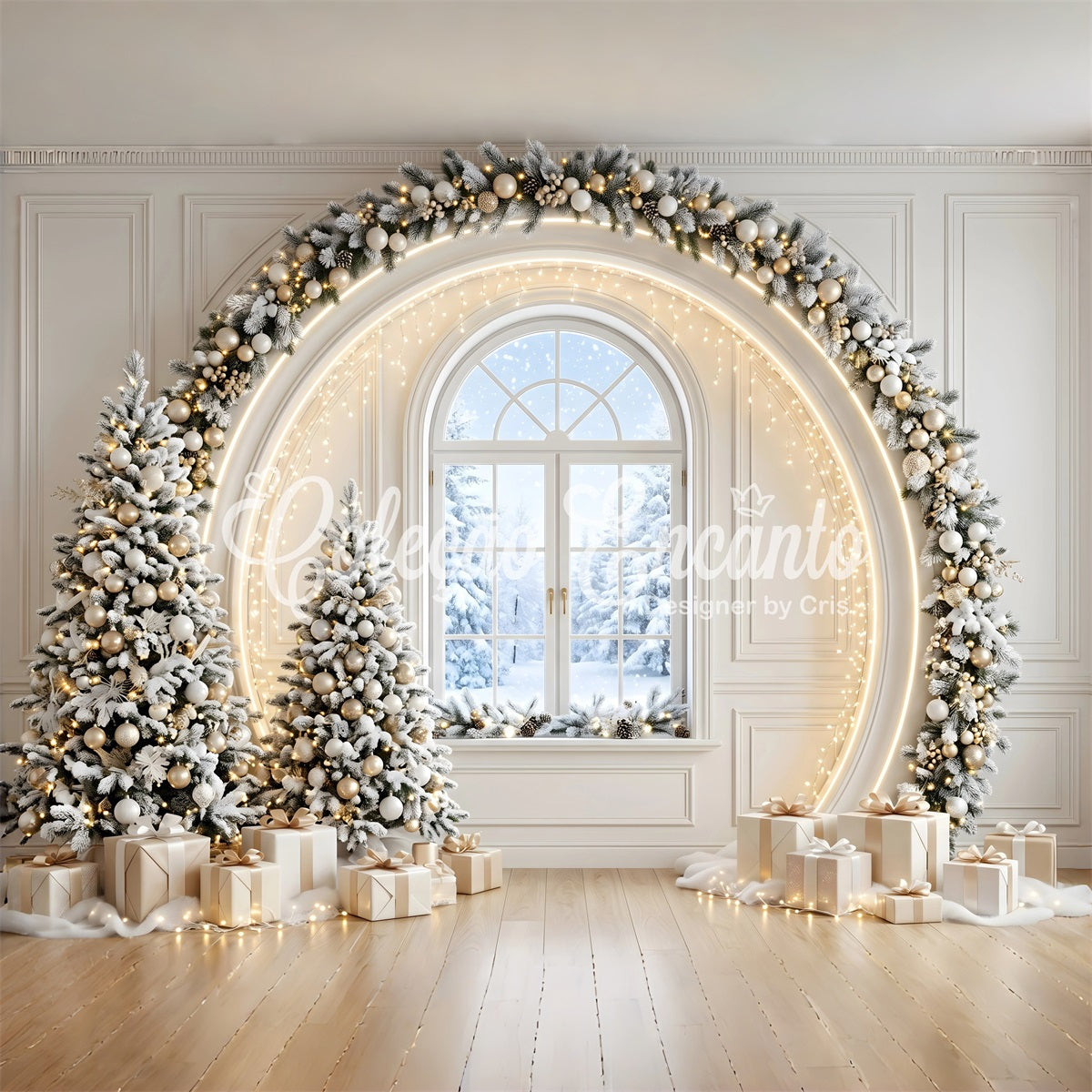 Christmas Tree Backdrops Ivory Gold Window Arch Trees Christmas Photo Backdrop Ideas CEM65-133
