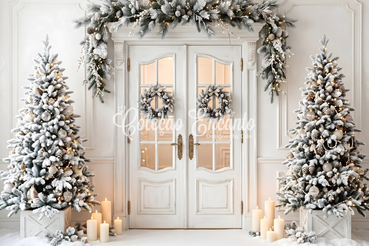 Christmas Backdrop Frosted White Door Wreath Trees Christmas Photo Booth Backdrop CEM65-134