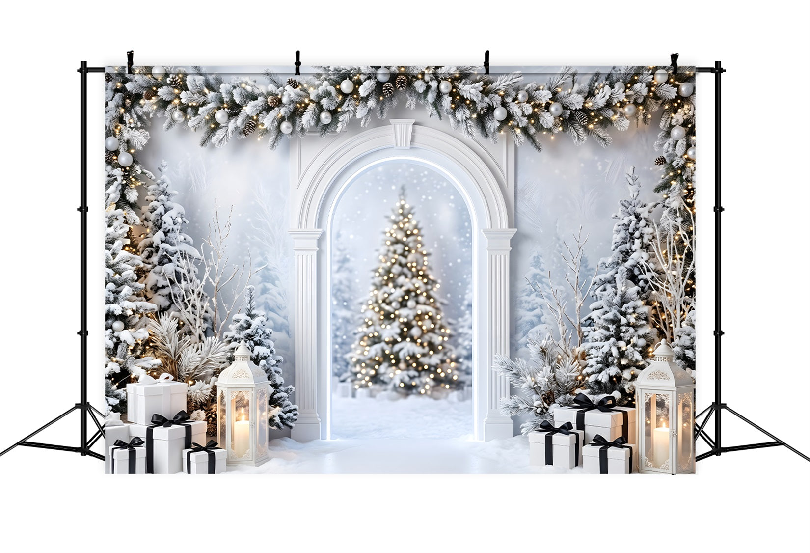 Christmas Studio Backdrop Snowy White Arch Lantern Gifts Photo Backdrop Christmas CEM65-135