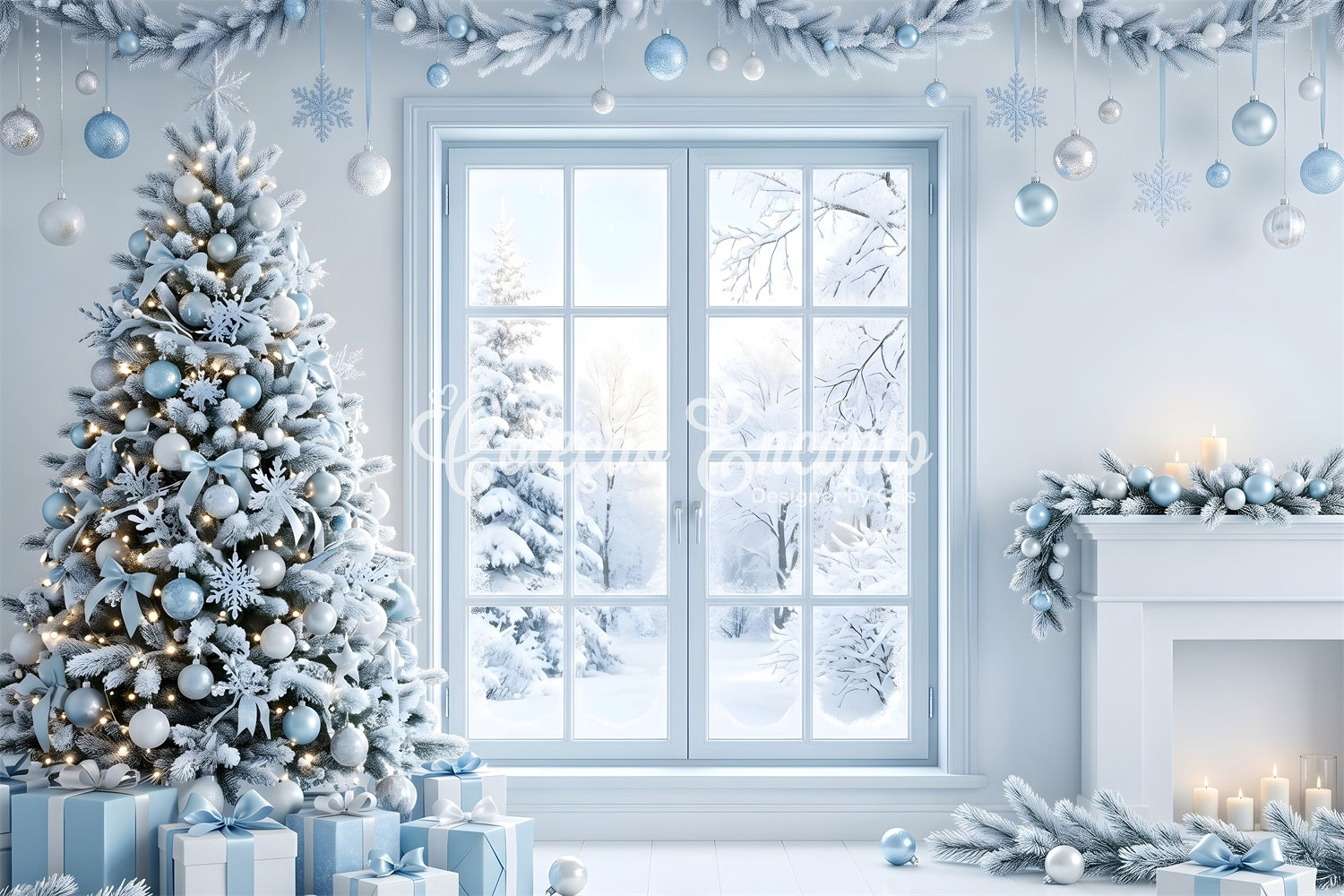 Christmas Backdrop Photoshoot Icy Blue Window Tree Fireplace Christmas Backdrop Design CEM65-136