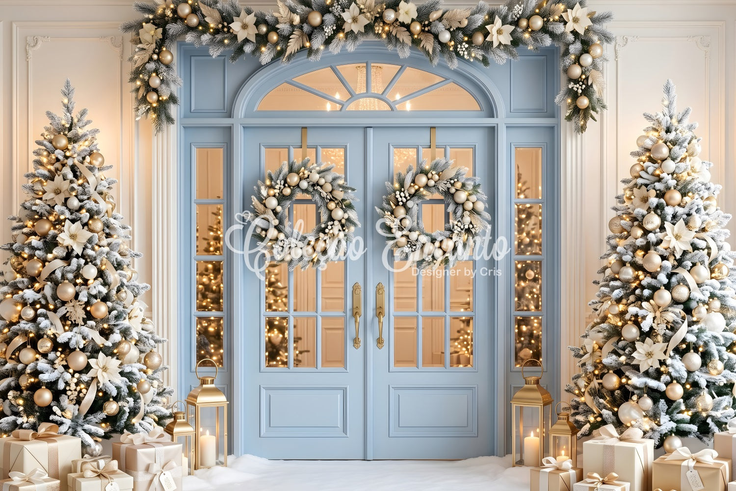 Christmas Photo Backdrop Blue Door Golden Frosted Trees Photography Christmas Backdrops CEM65-139
