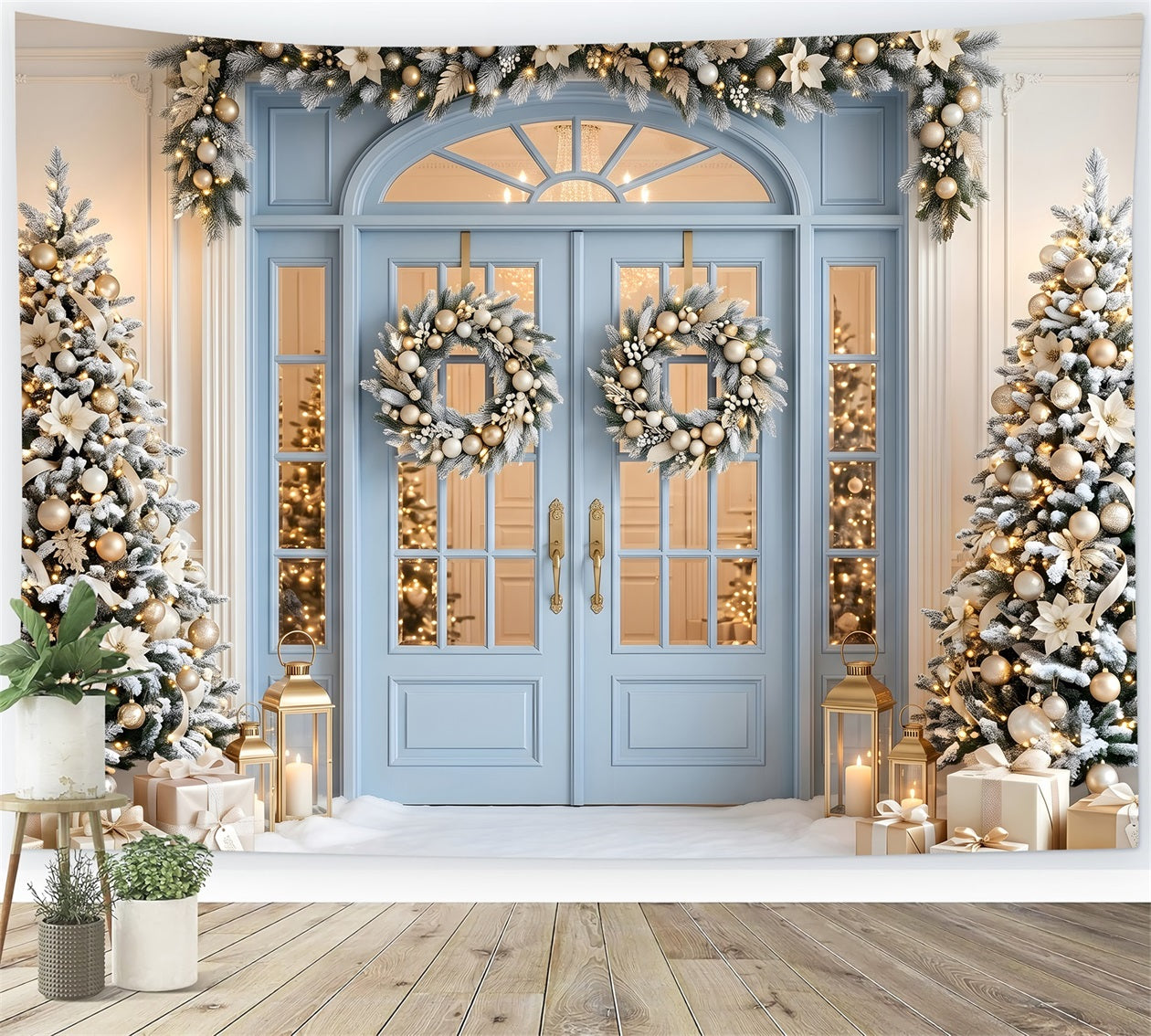 Christmas Photo Backdrop Blue Door Golden Frosted Trees Photography Christmas Backdrops CEM65-139