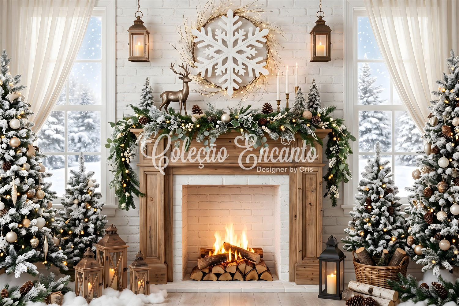 Christmas Backdrop Snowflake Deer Fireplace Pine Trees Christmas Photoshoot Backdrop CEM65-140