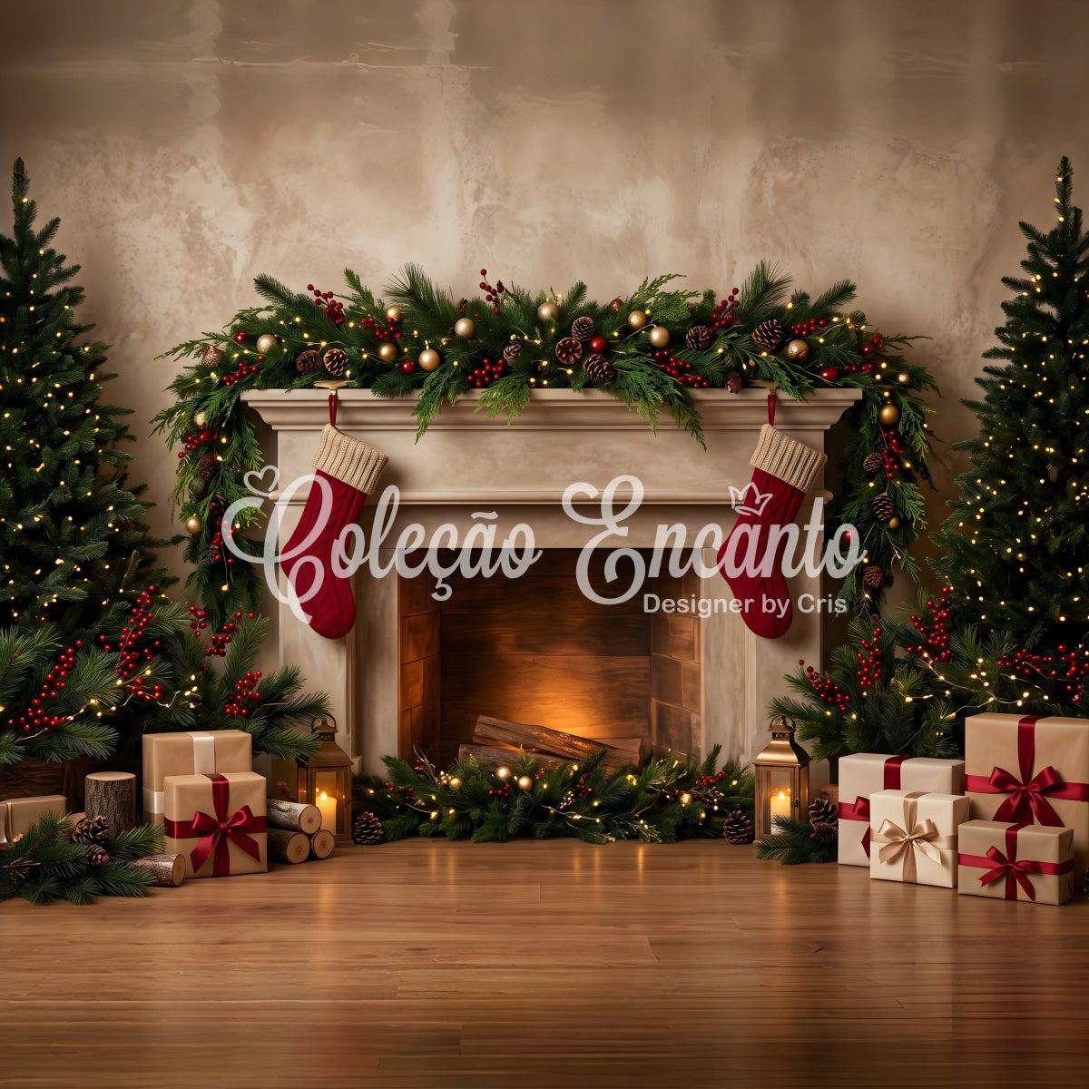 Christmas Fireplace Backdrop Cozy Stockings Garland Gifts Christmas Backdrop For Pictures CEM65-141