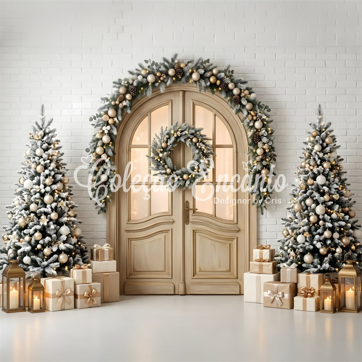 Studio Backdrops Christmas Backdrop Frosted Arched Door Wreath Trees Photo Booth Christmas Backdrop CEM65-142
