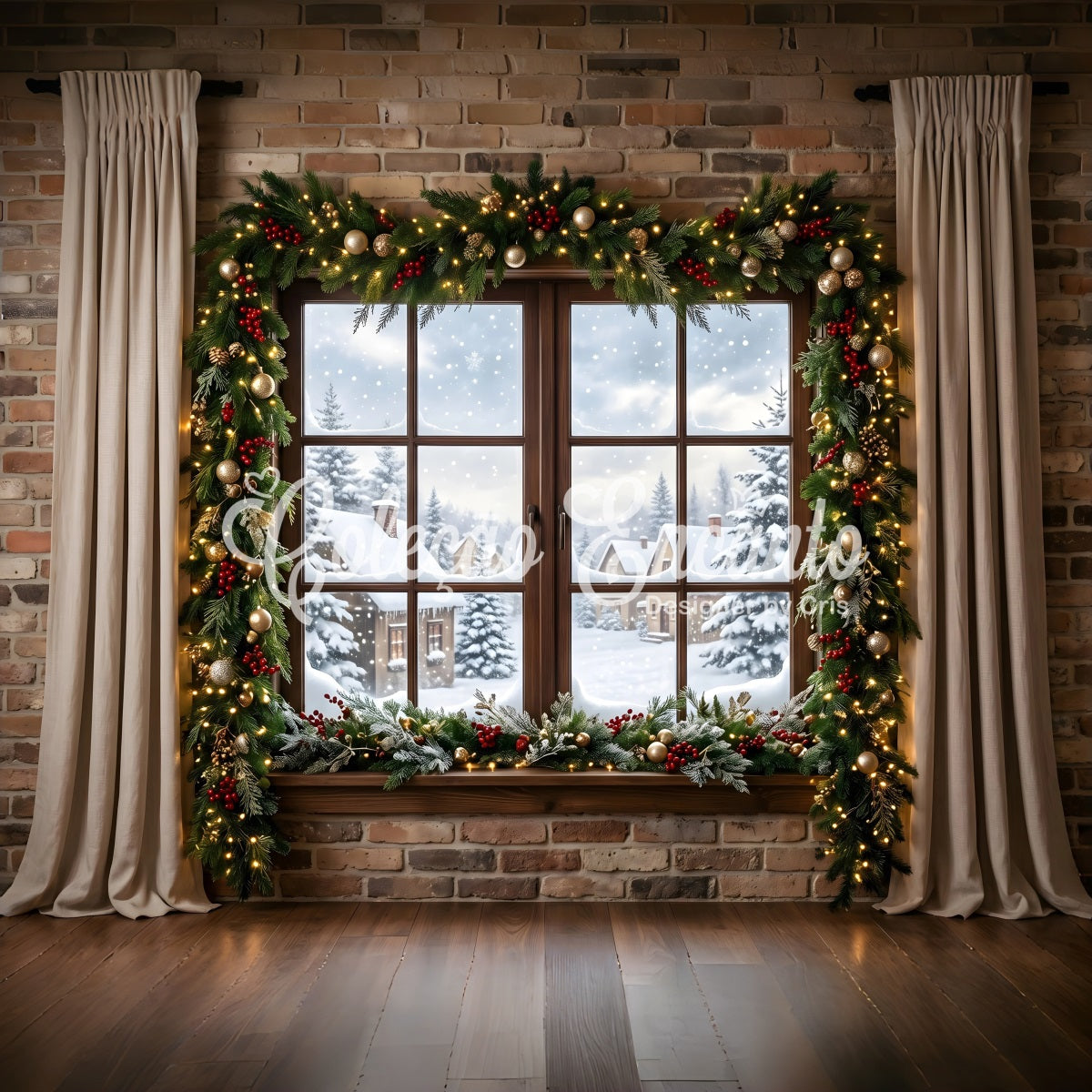 Christmas Window Backdrop Snowy Village Window Garland Curtains Christmas Photobooth Backdrop CEM65-146