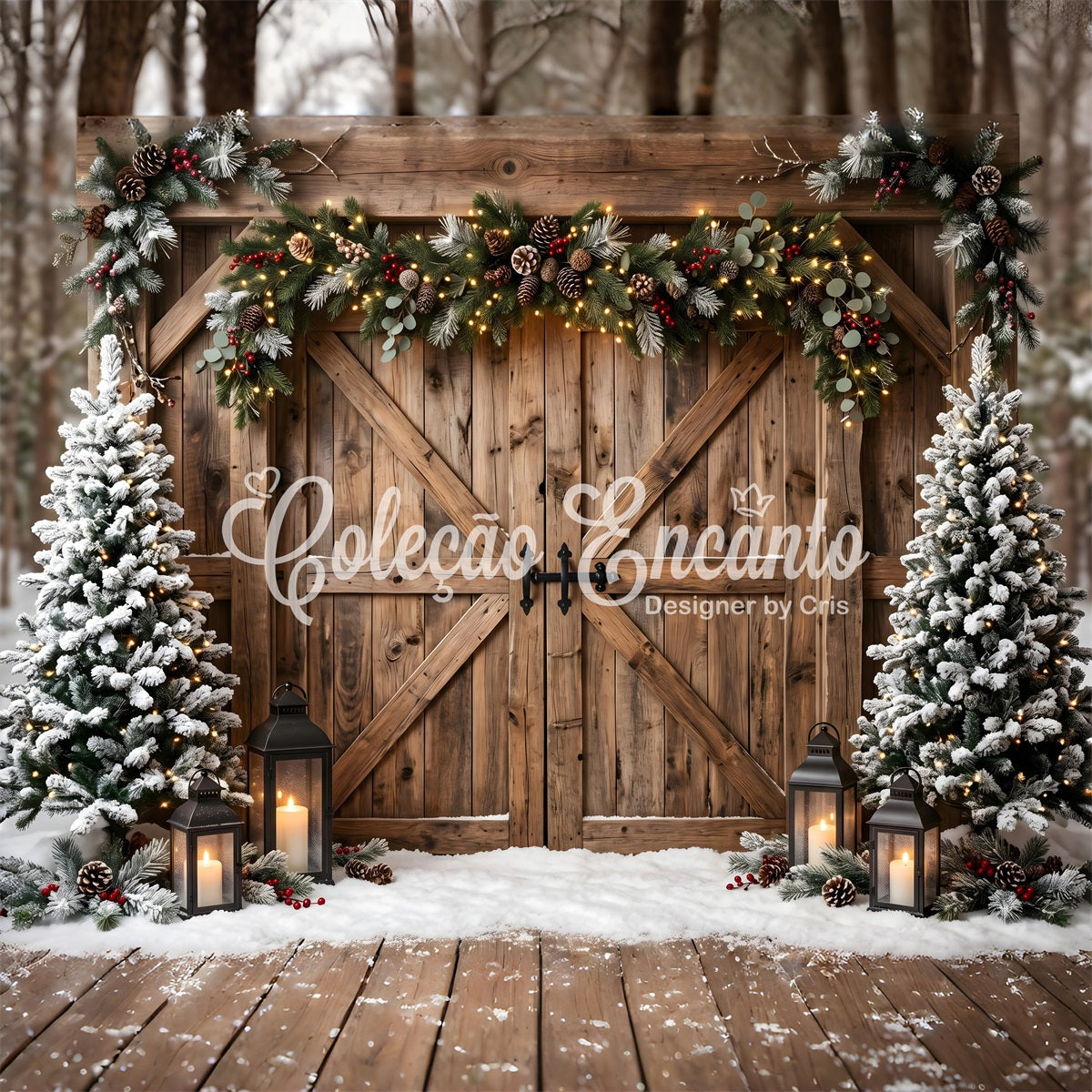 Winter Christmas Backdrop Rustic Barn Gate Garland Lanterns Christmas Backdrop Photoshoot CEM65-150