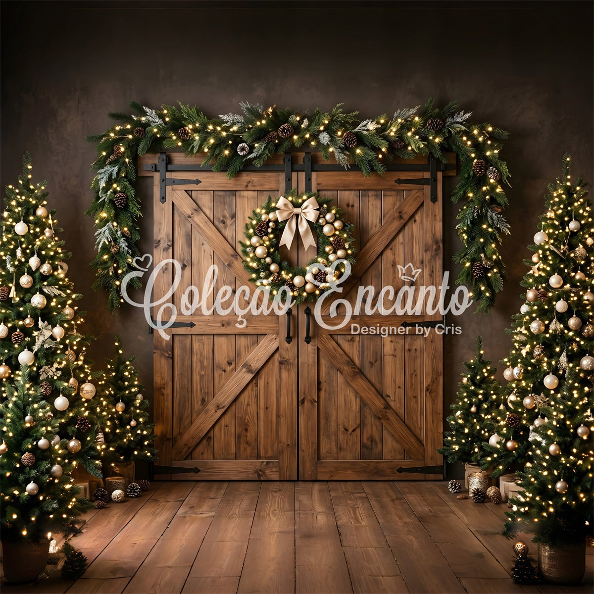 Christmas Barn Door Backdrop Golden Wreath Barn Doors Trees Photography Backdrop Christmas CEM65-152