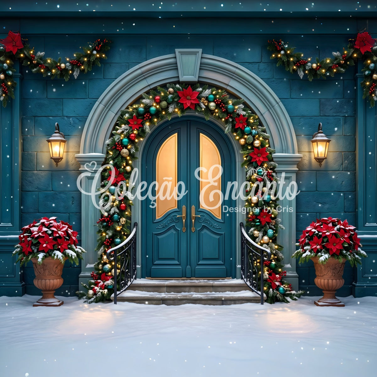 Christmas Backdrop Teal Arched Door Poinsettia Garland Christmas Photo Booth Backdrops CEM65-153