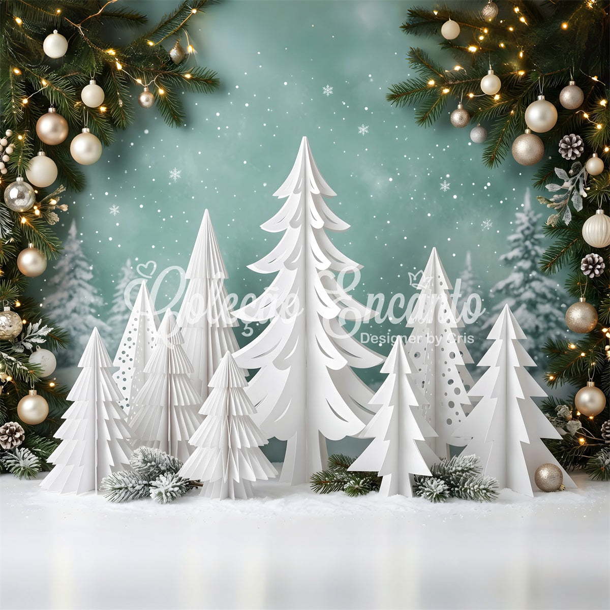Photography Backdrops Christmas White Paper Pine Forest Ornaments Christmas Backdrop CEM65-154