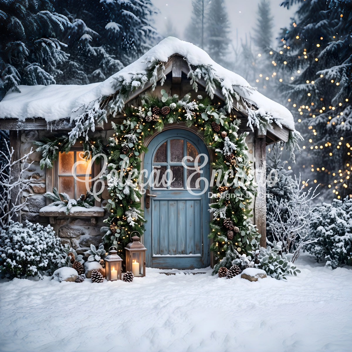 Cozy Christmas Backdrop Snowy Cottage Blue Door Garland Christmas Backdrops CEM65-155