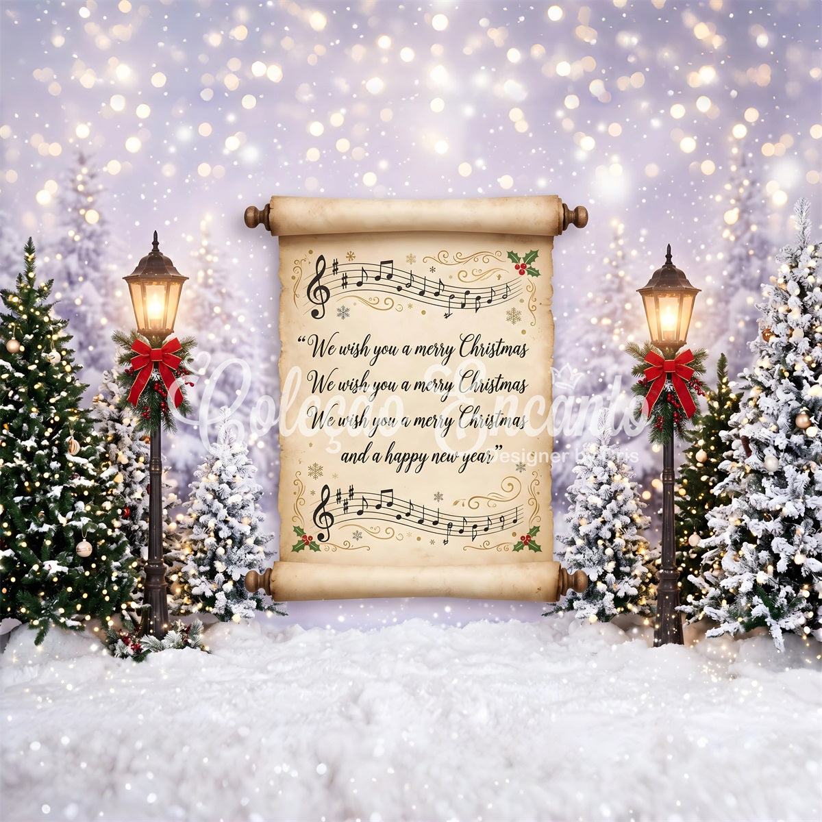 Merry Christmas Backdrop Vintage Carol Scroll Snowy Lanterns Christmas Backdrops For Photos CEM65-160