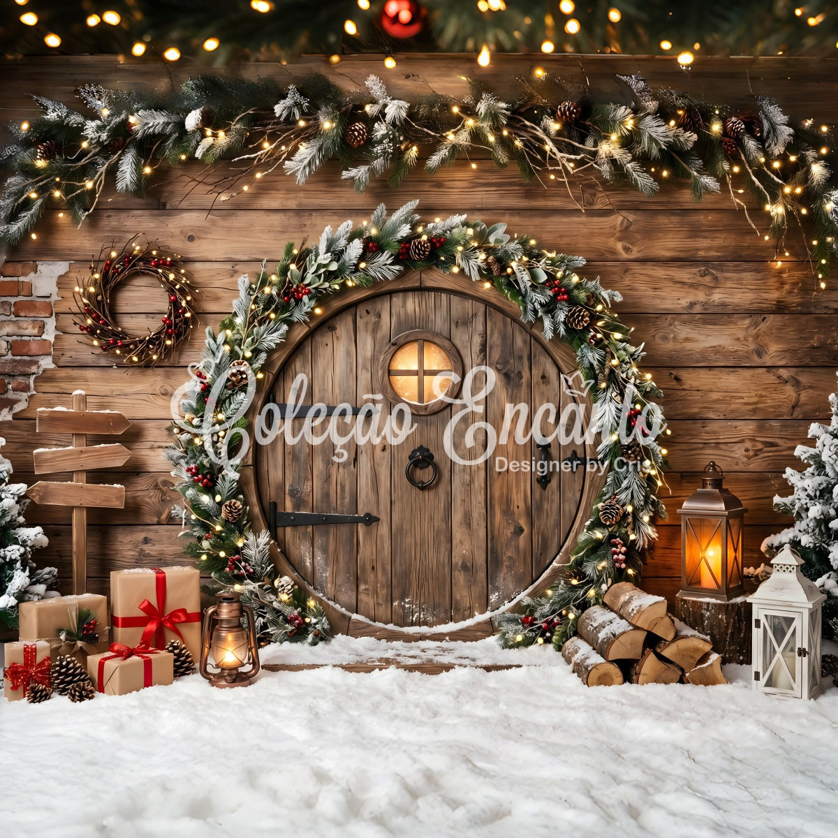 Snow Christmas Backdrop Rustic Round Door Garland Lanterns Christmas Photography Backdrops CEM65-164