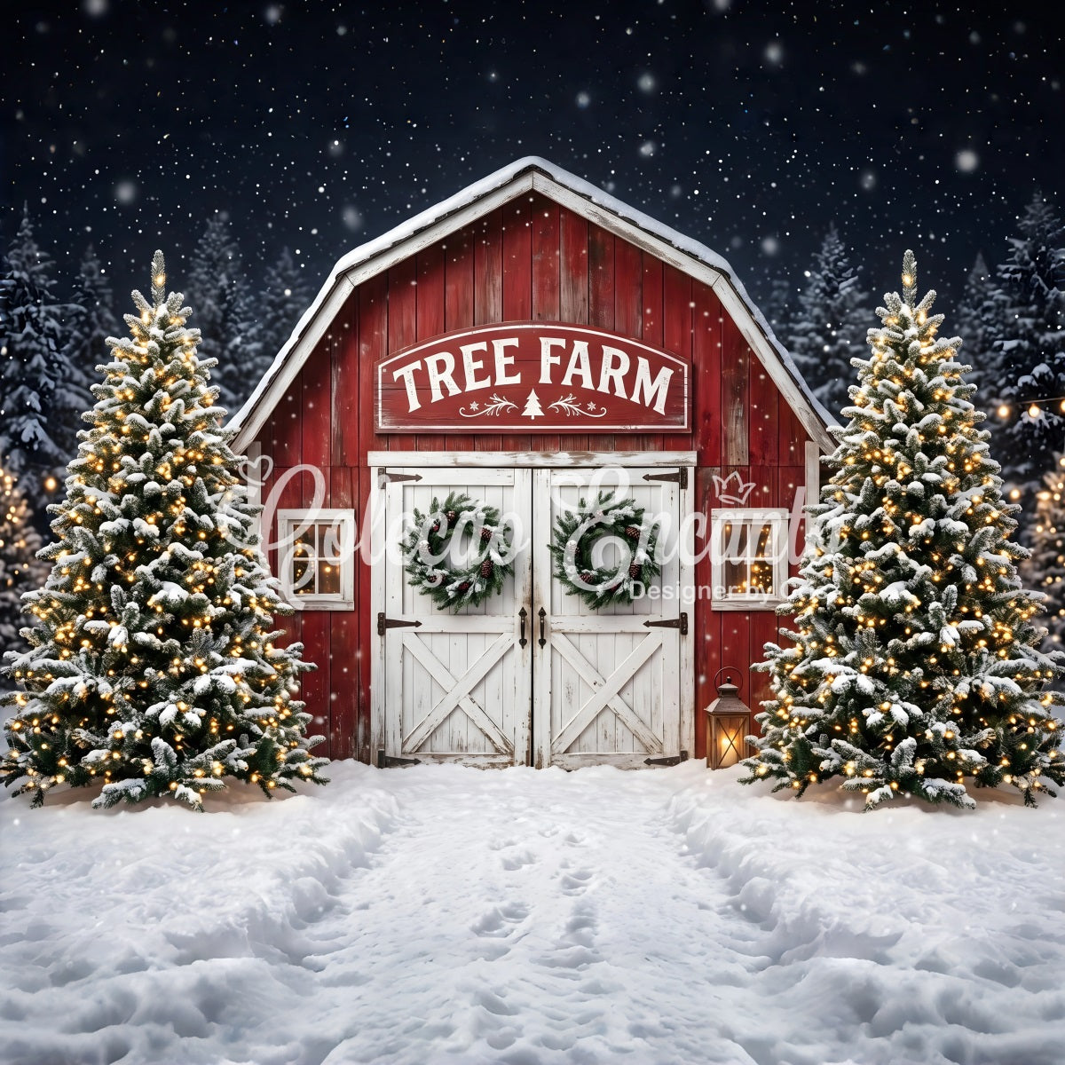 Christmas Tree Farm Backdrop Snowy Tree Farm Barn Entrance Christmas Picture Backdrop CEM65-166