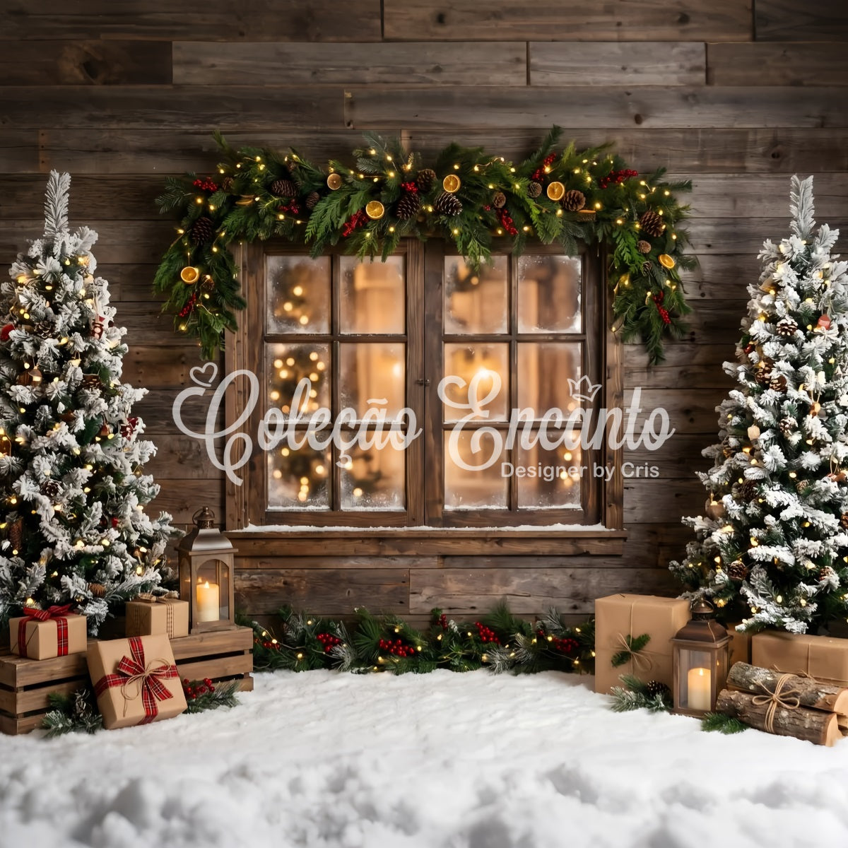 Winter Backdrop For Christmas Village Rustic Frosted Window Garland Trees Photo Backdrop Christmas CEM65-169