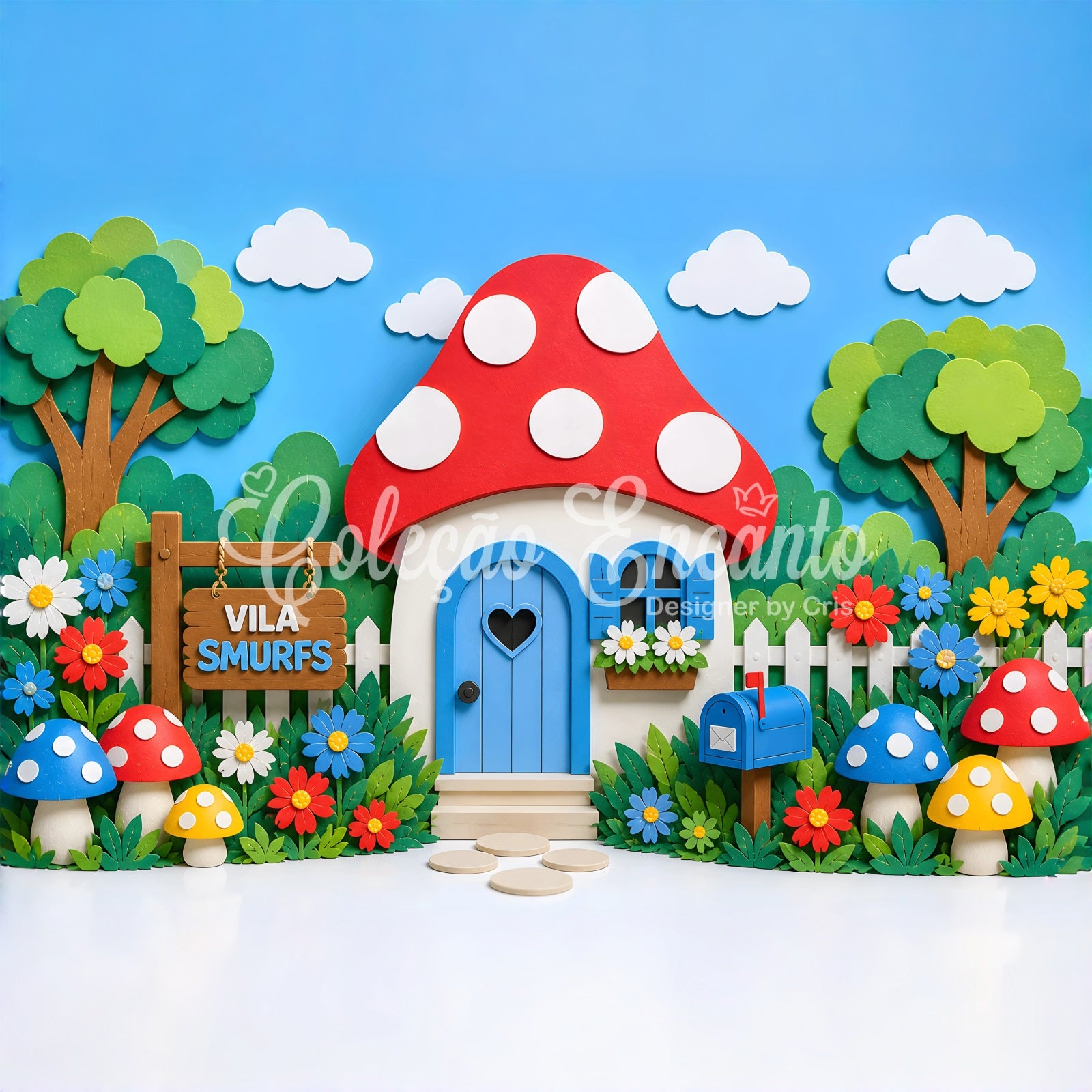 Kids Photoshoot Backdrop Mushroom Cottage Flower Garden Yard Newborn Backdrop Fabric CEM65-17