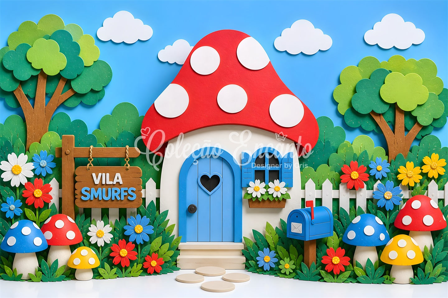 Kids Photoshoot Backdrop Mushroom Cottage Flower Garden Yard Newborn Backdrop Fabric CEM65-17