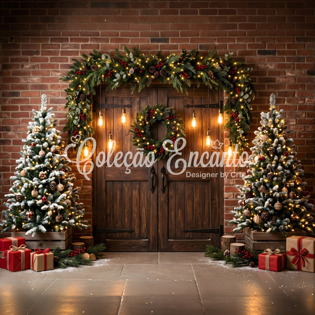 Christmas Light Backdrop Brick Barn Door Edison Lights Christmas Backdrop For Photography CEM65-172