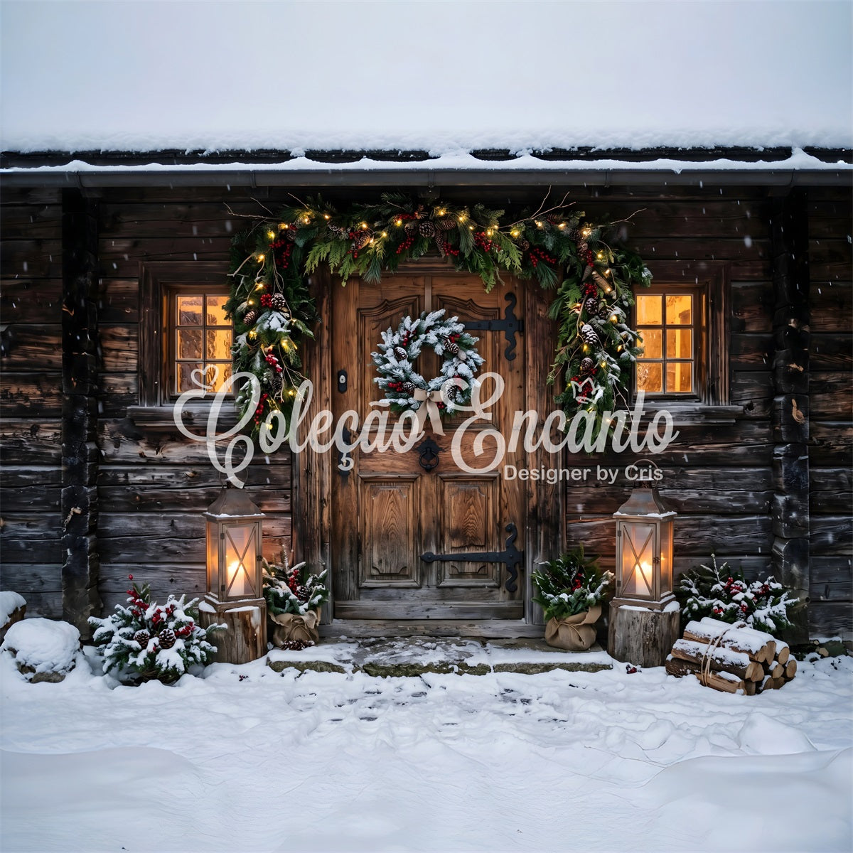 Backdrops For Christmas Photos Snowy Rustic Cabin Door Lanterns Studio Backdrops Christmas Backdrop CEM65-178