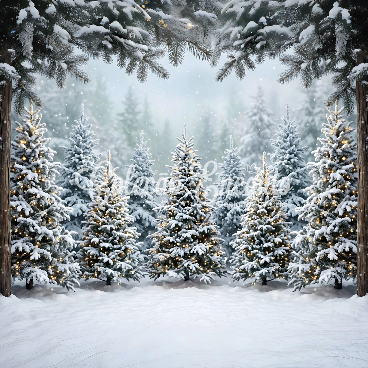 Christmas Forest Backdrop Snowy Fir Forest Warm Lights Backdrop Christmas Photo Booth CEM65-182