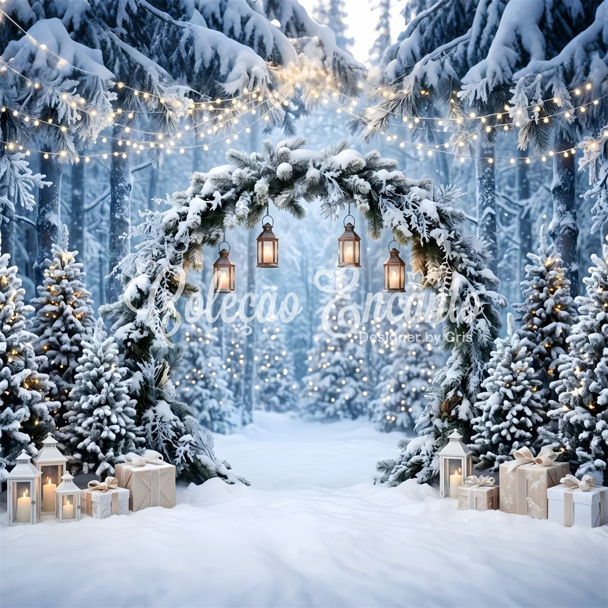 Christmas Wonderland Backdrop Frosted Pine Arch Hanging Lanterns Christmas Studio Backdrop CEM65-183