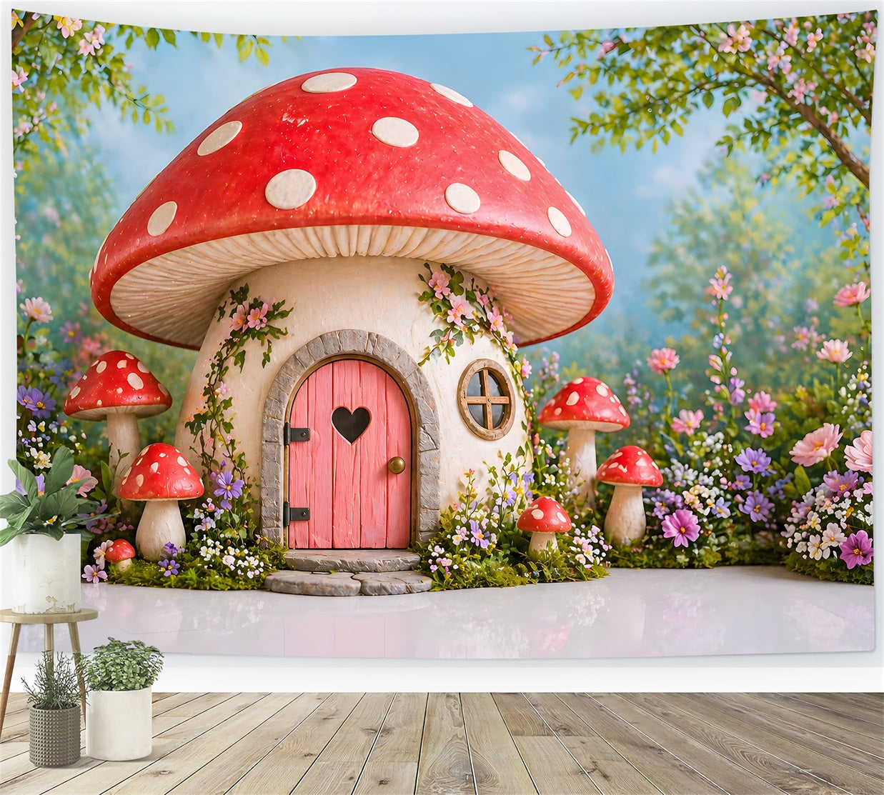 Backdrop for Kids Photoshoot Enchanted Mushroom House Flower Newborn Photo Backdrops CEM65-19
