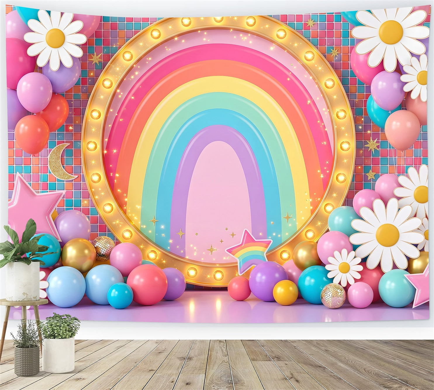 Backdrop for Kids Rainbow Marquee Daisy Balloon Backdrop for Newborn Photography CEM65-20