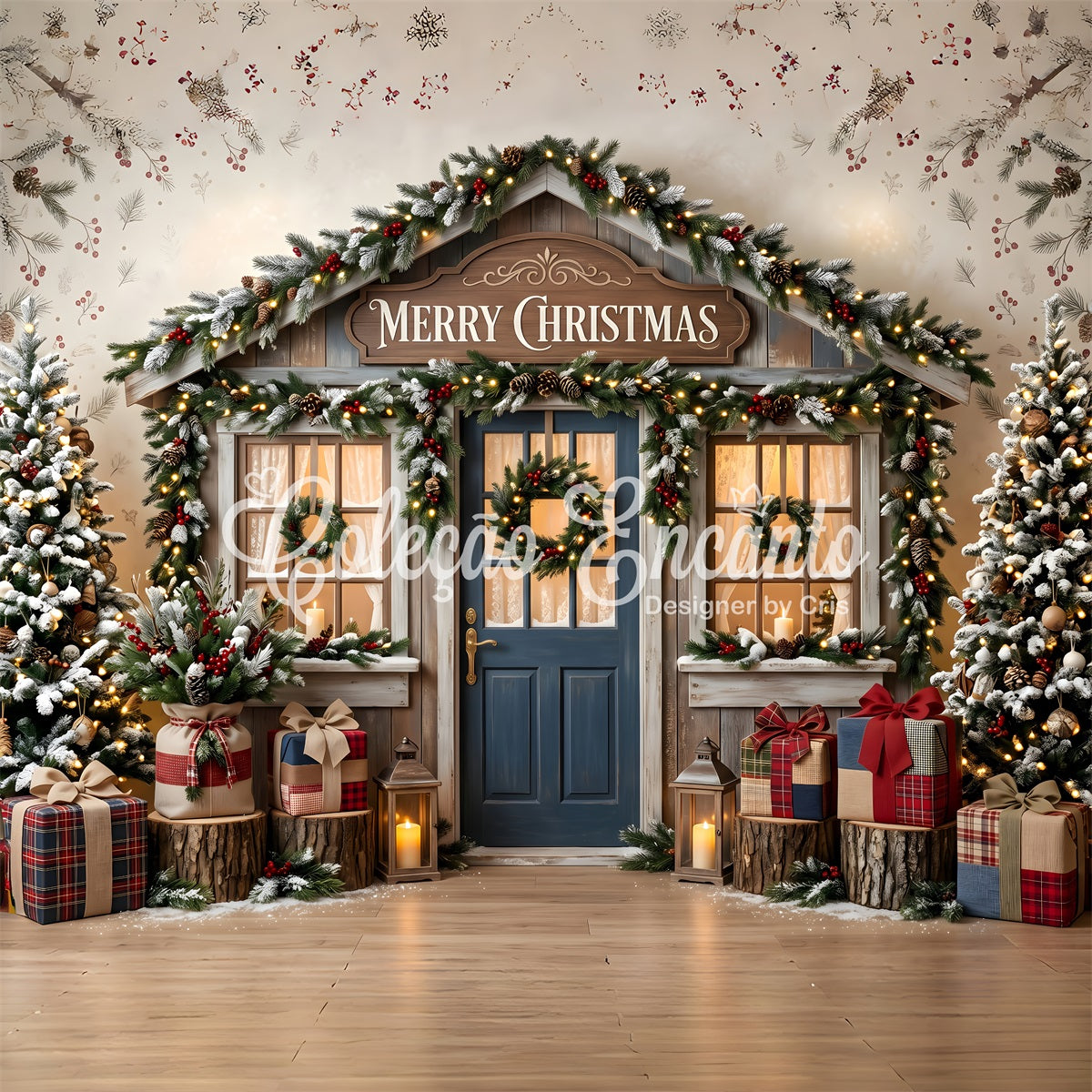 Christmas Shop Backdrop Rustic Blue Door Wreath Christmas Backdrop For Pictures CEM65-209