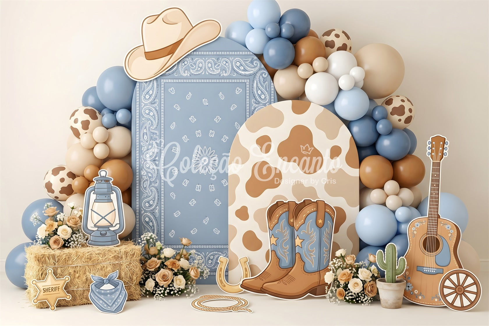 Kids Backdrop Ideas Blue Cowgirl Western Balloon Newborn Photoshoot Backdrop CEM65-24