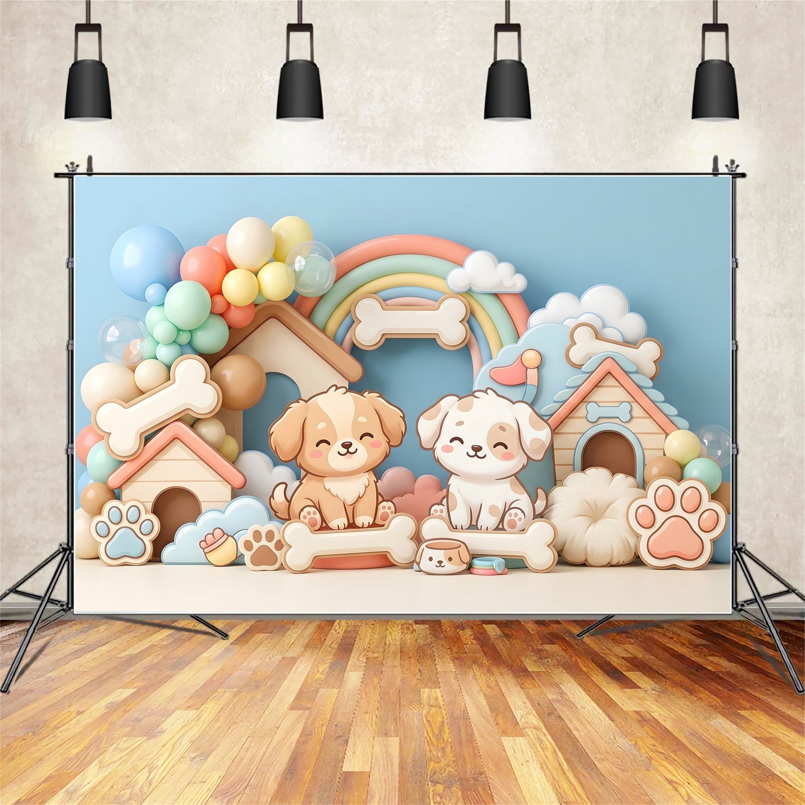Kid Backdrop Cute Puppy Doghouse Rainbow Balloons Newborn Photography Wood Backdrop CEM65-32