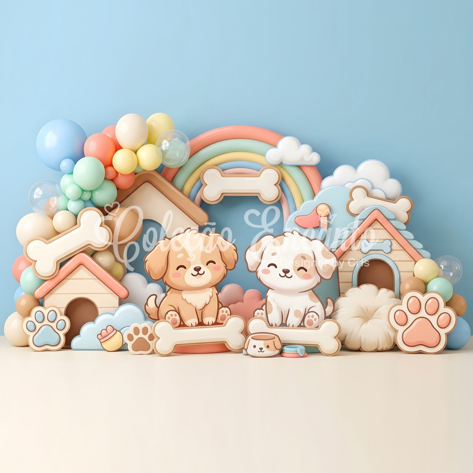 Kid Backdrop Cute Puppy Doghouse Rainbow Balloons Newborn Photography Wood Backdrop CEM65-32