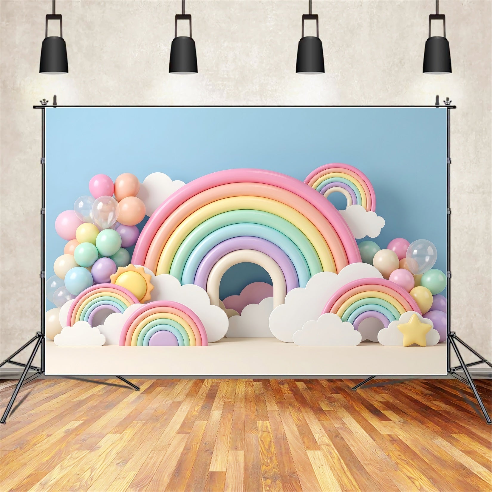 Childrens Photo Backdrops Pastel Rainbow Cloud Balloon Arch Newborn Photography Backdrop CEM65-34
