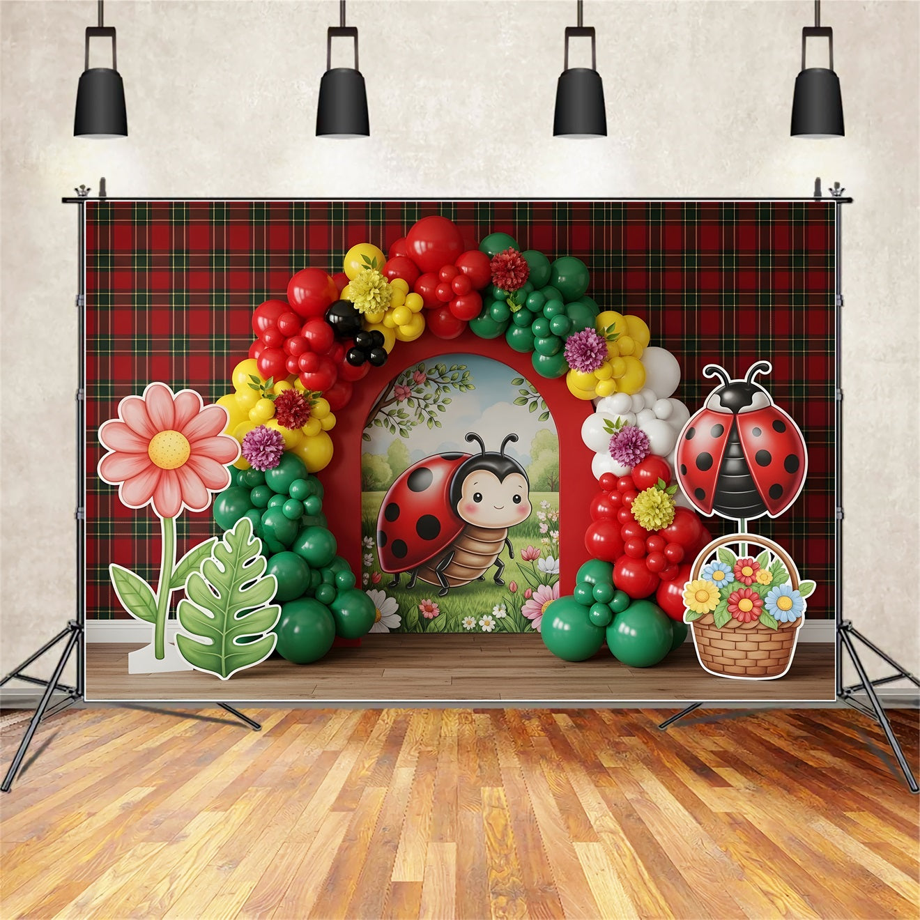 Photography Backdrops Kids Ladybug Plaid Flower Balloon Arch Newborn Fabric Backdrops CEM65-41